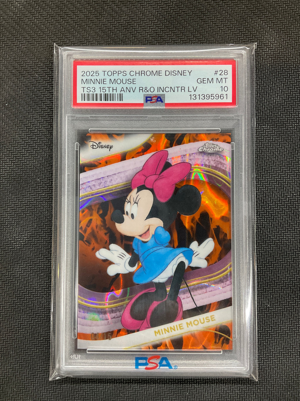 2025 Topps Chrome Disney Minnie Mouse TS3 15th Anniversary R&O INCNTR Lava /15 #28 PSA 10