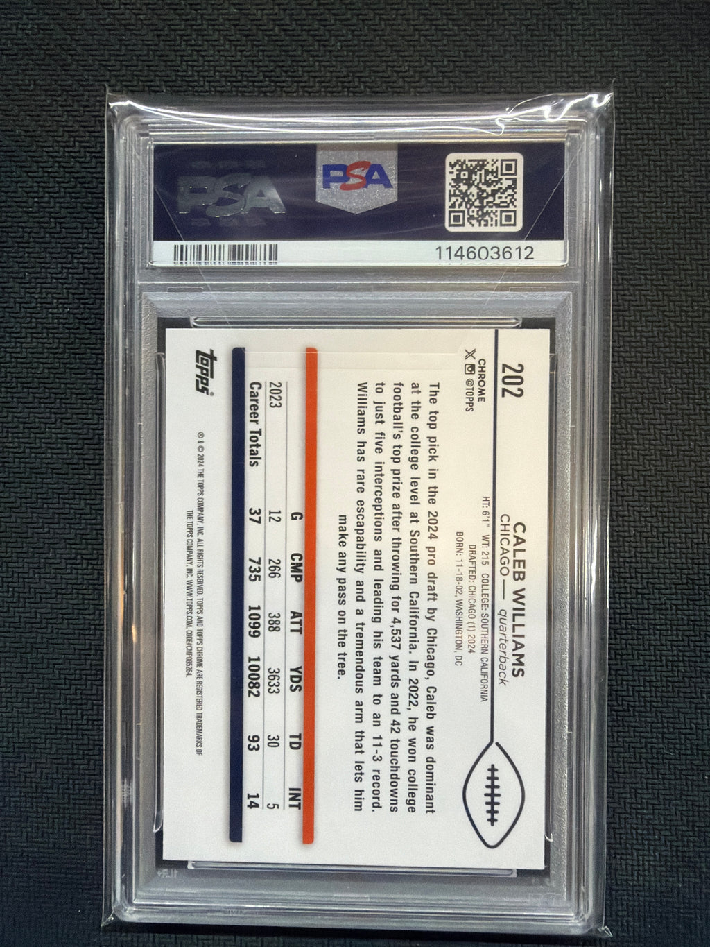 2024 Topps Chrome Sapphire Caleb Williams Rookie #202 PSA 10 612