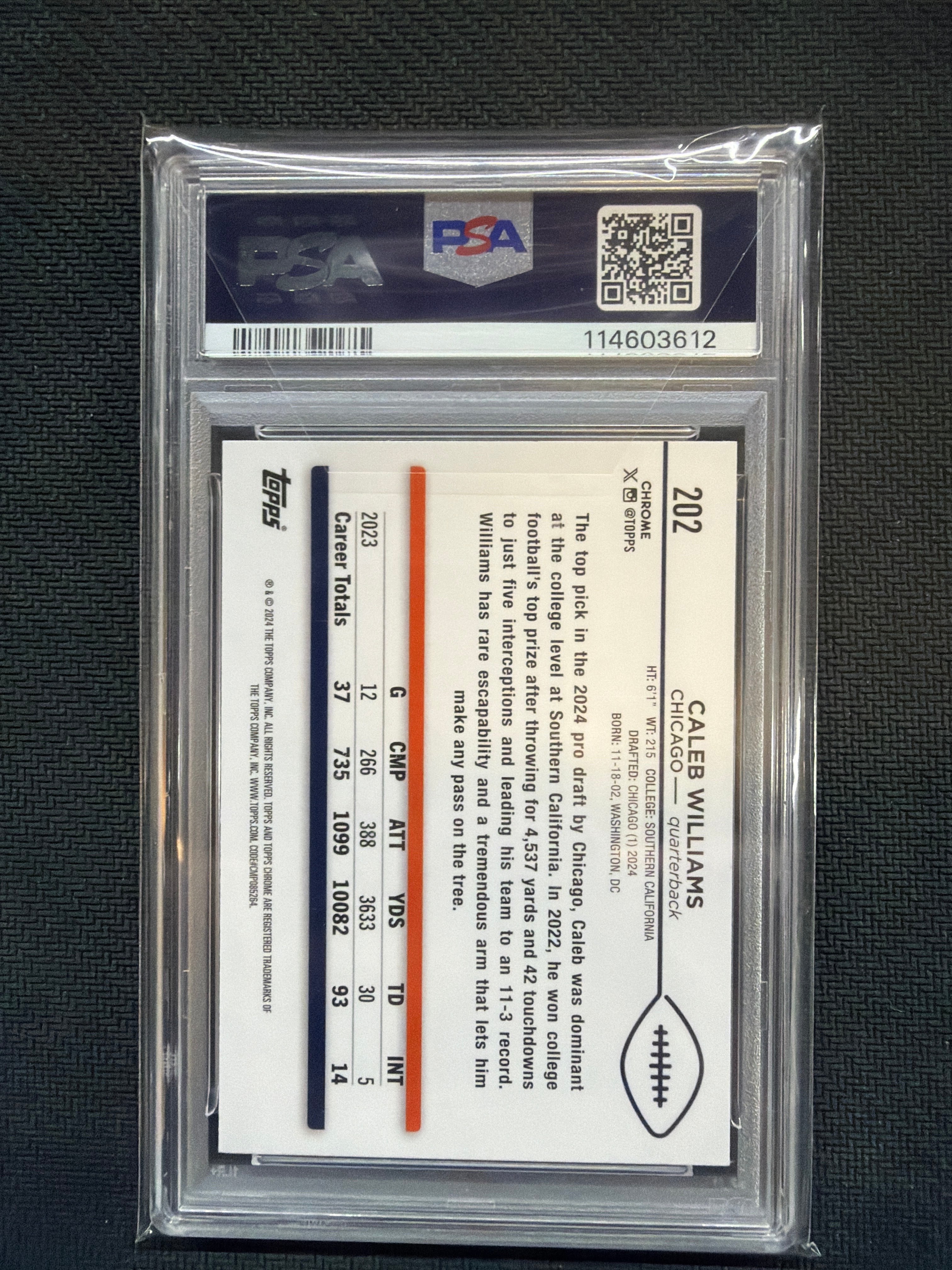 2024 Topps Chrome Sapphire Caleb Williams Rookie #202 PSA 10 612