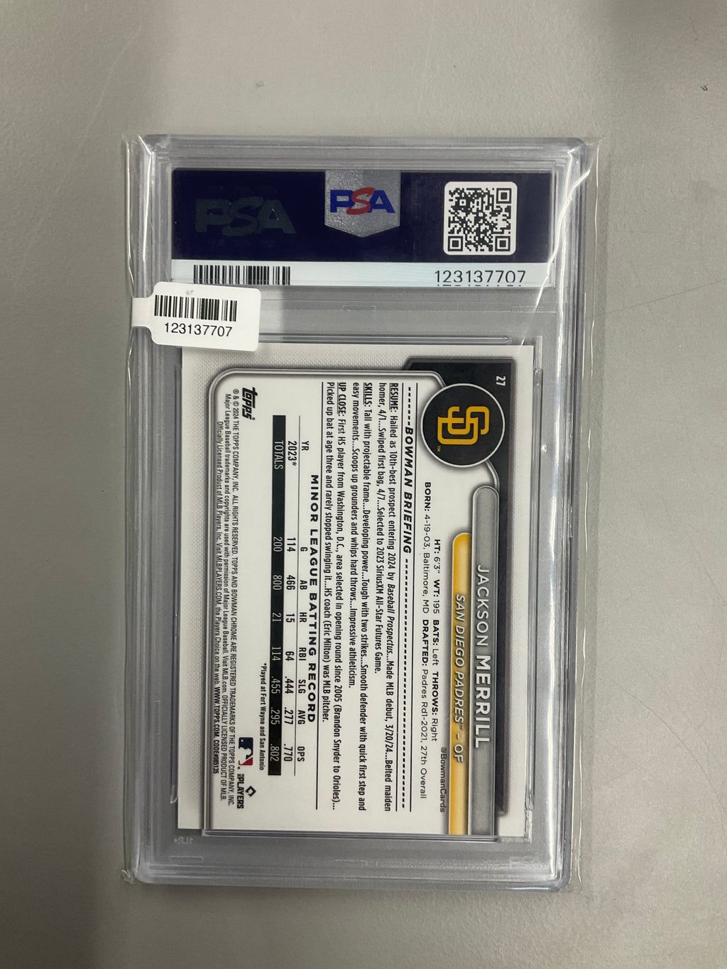 2024 Bowman Chrome Sapphire Jackson Merrill Gold /50 PSA 9  Image SP