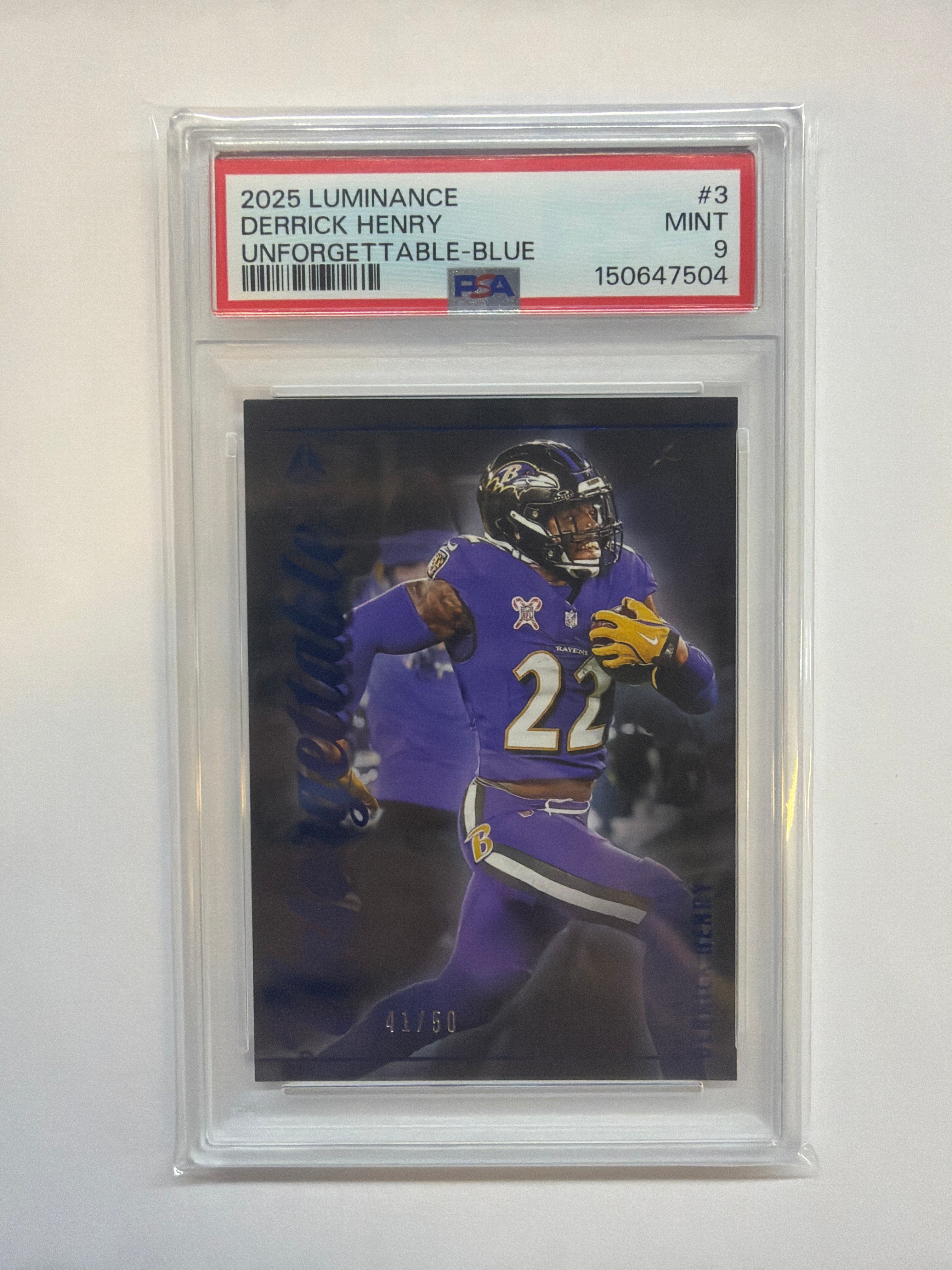 2025 Luminance Derrick Henry Unforgettable Blue /50 PSA 9 Ravens
