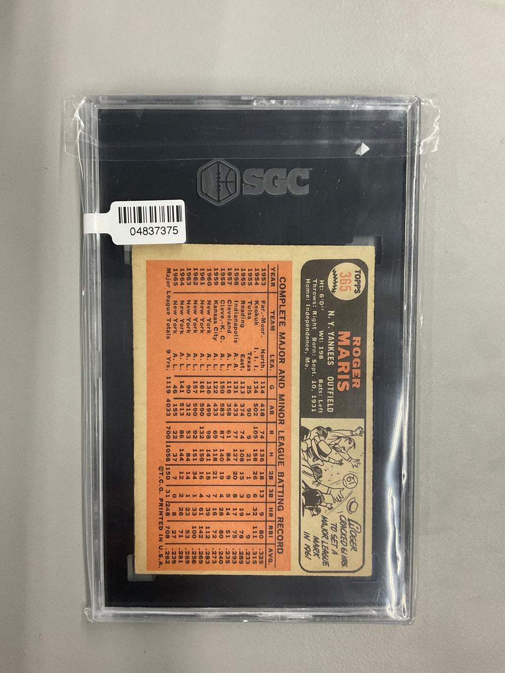 1966 Topps #365 Roger Maris SGC 4 Yankees