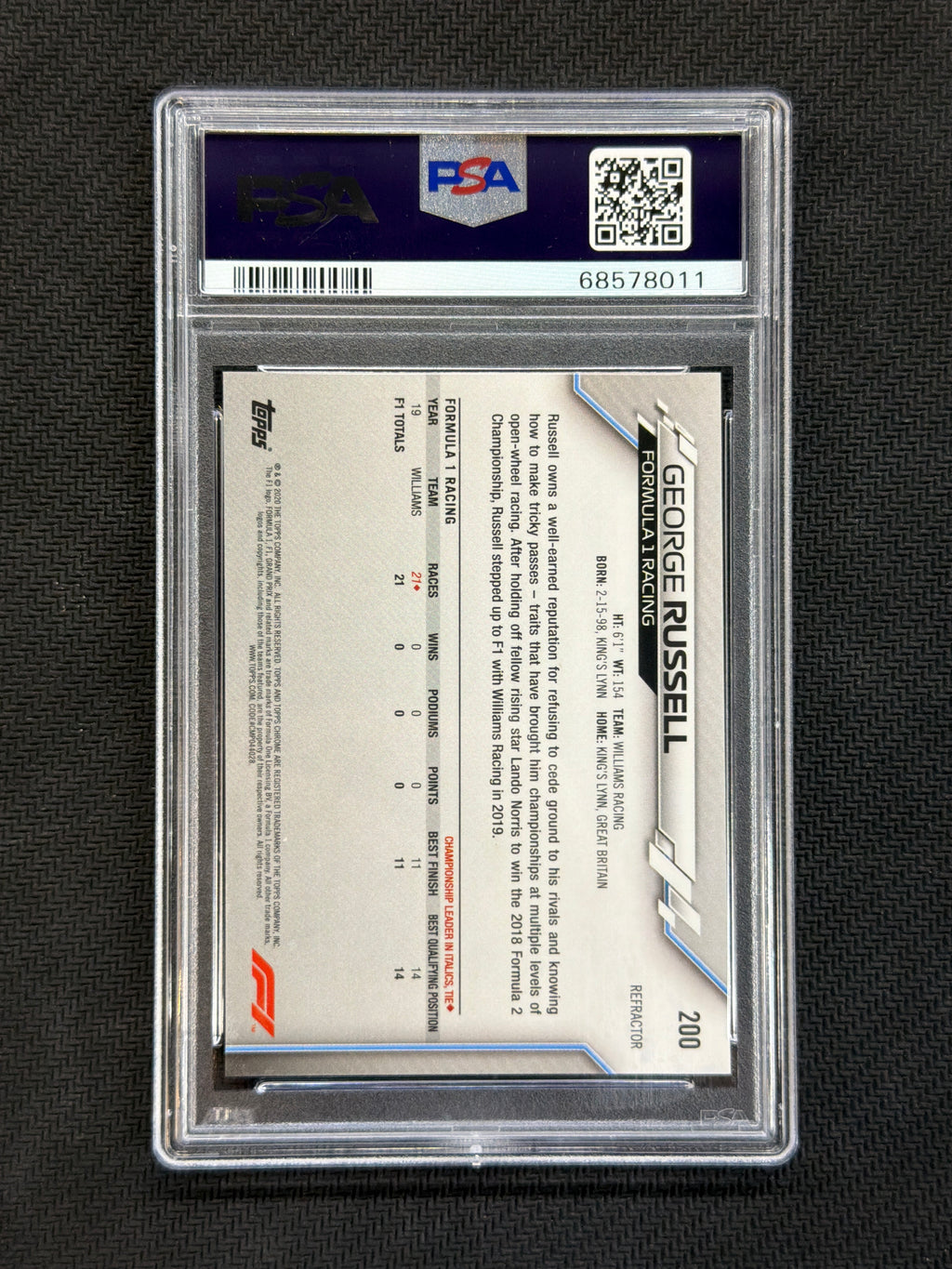 2020 Topps Chrome F1 George Russell #200 Refractor PSA 9 011