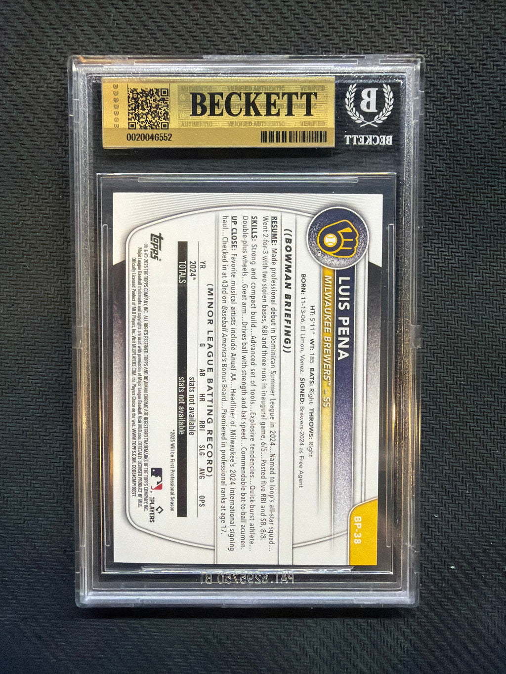 2025 Bowman Luis Pena Prospects BGS 10 Brewers