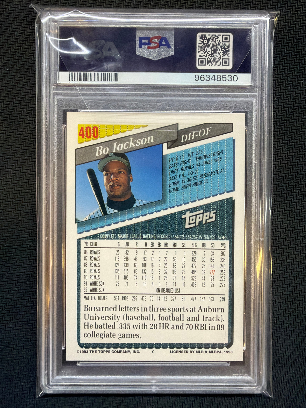 1993 Topps Gold Bo Jackson #400 PSA 8 White Sox