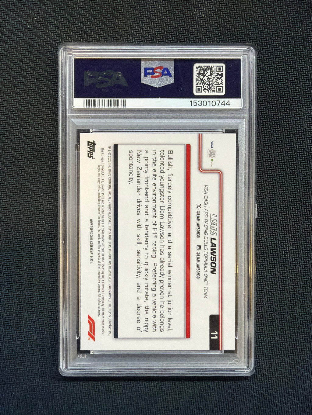 2025 Topps Chrome F1 Sapphire Liam Lawson Rookie PSA 10
