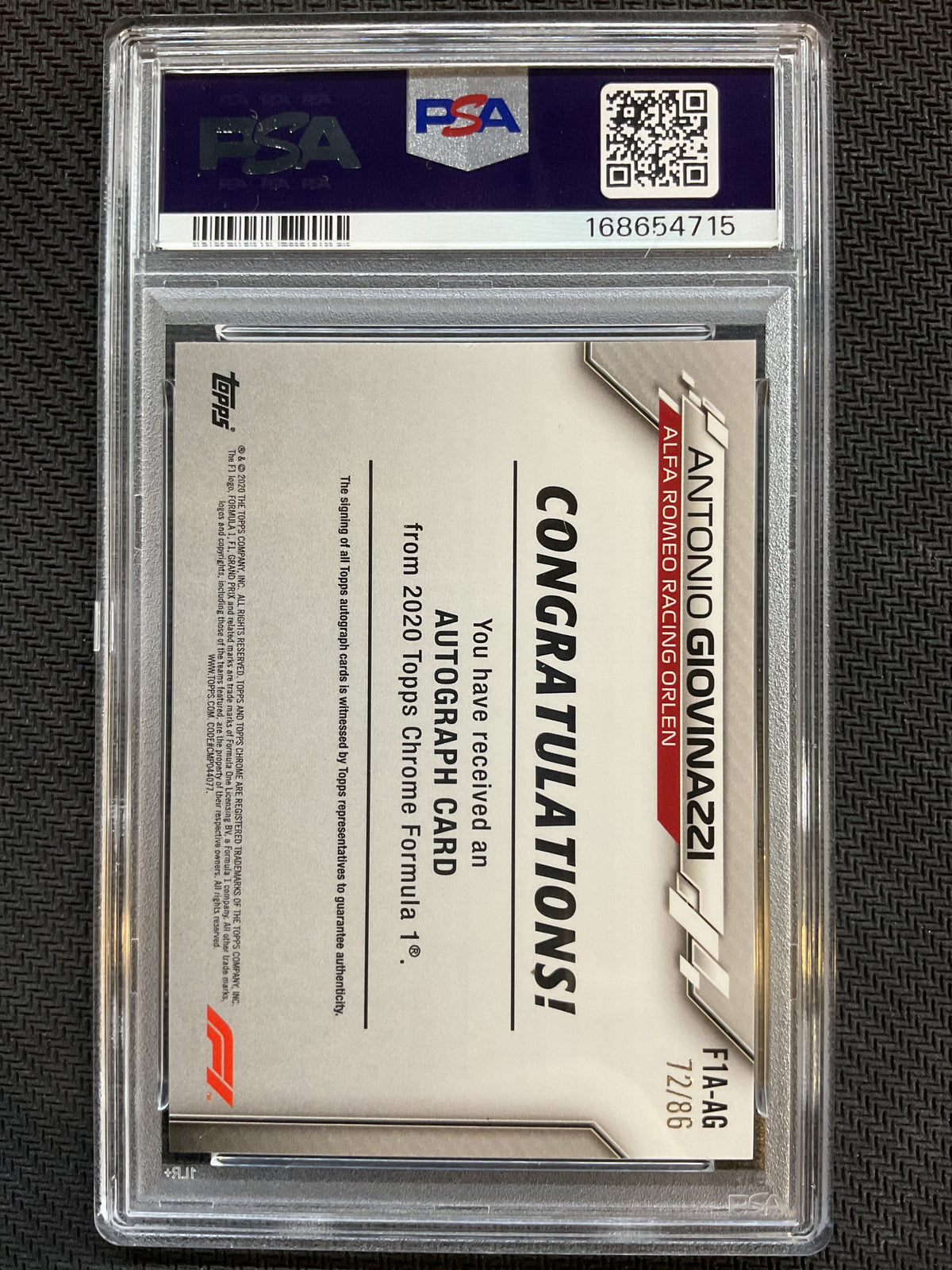 2020 Topps Chrome Formula 1 #AG Antonioi Giovinazzi Autograph SP/86 PSA 8