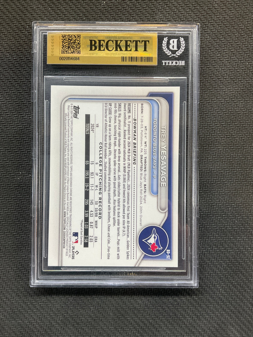 2024 Bowman Draft Trey Yesavage BGS 10 Blue Jays 684