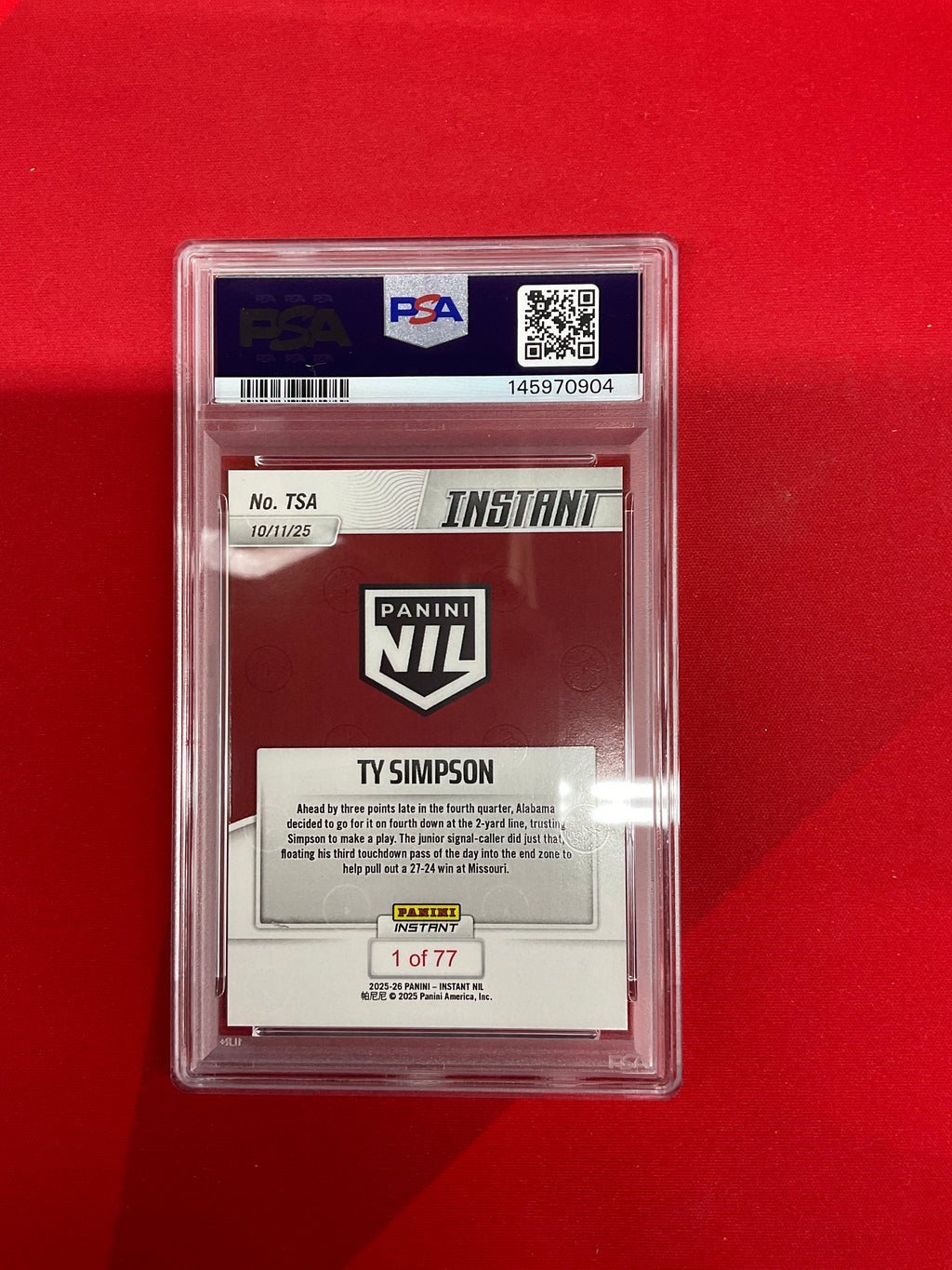 2025 Panini Instant NIL Ty Simpson Rookie PSA 10 Alabama 904