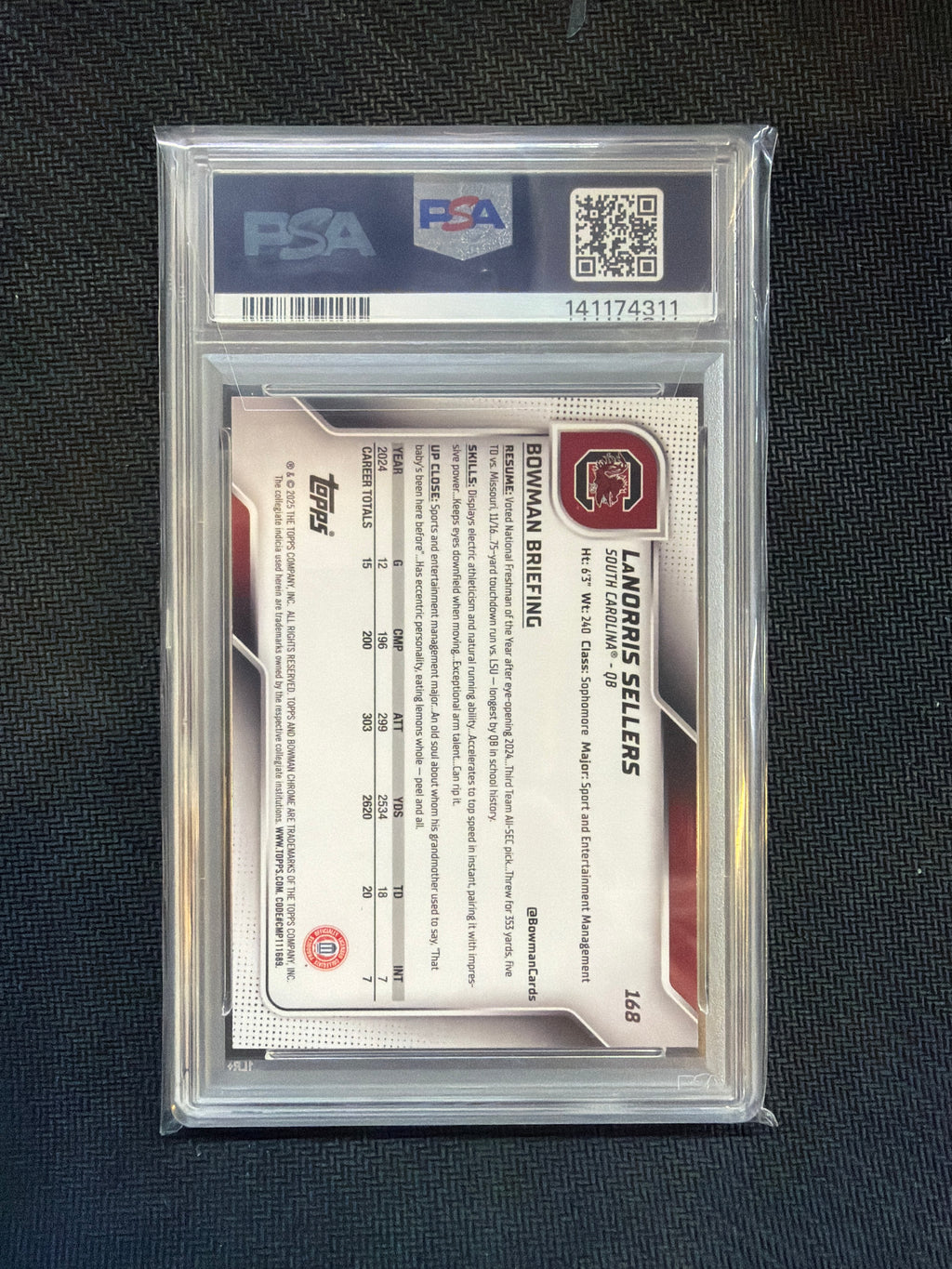 2025 Bowman U Sapphire LaNorris Sellers Yellow /75 PSA 9 South Carolina