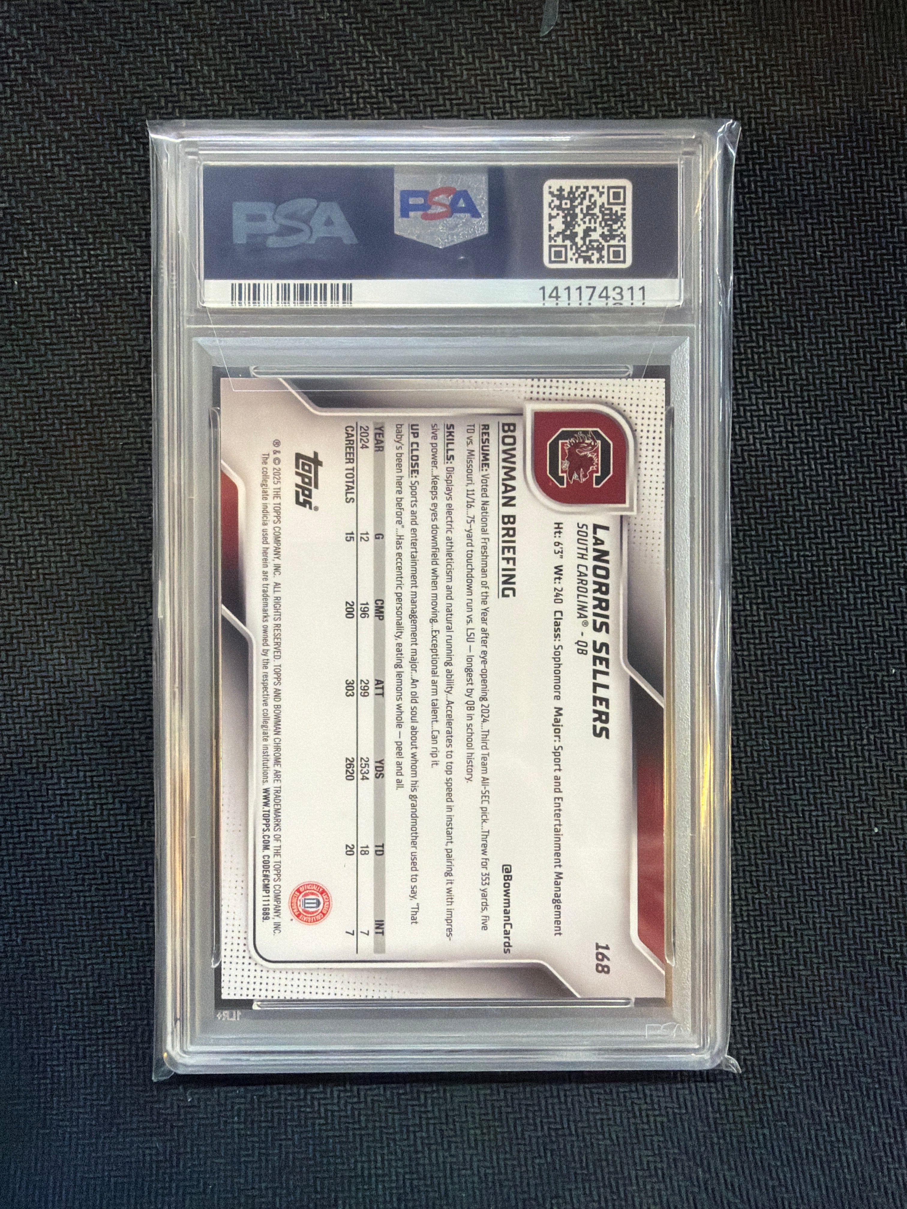 2025 Bowman U Sapphire LaNorris Sellers Yellow /75 PSA 9 South Carolina
