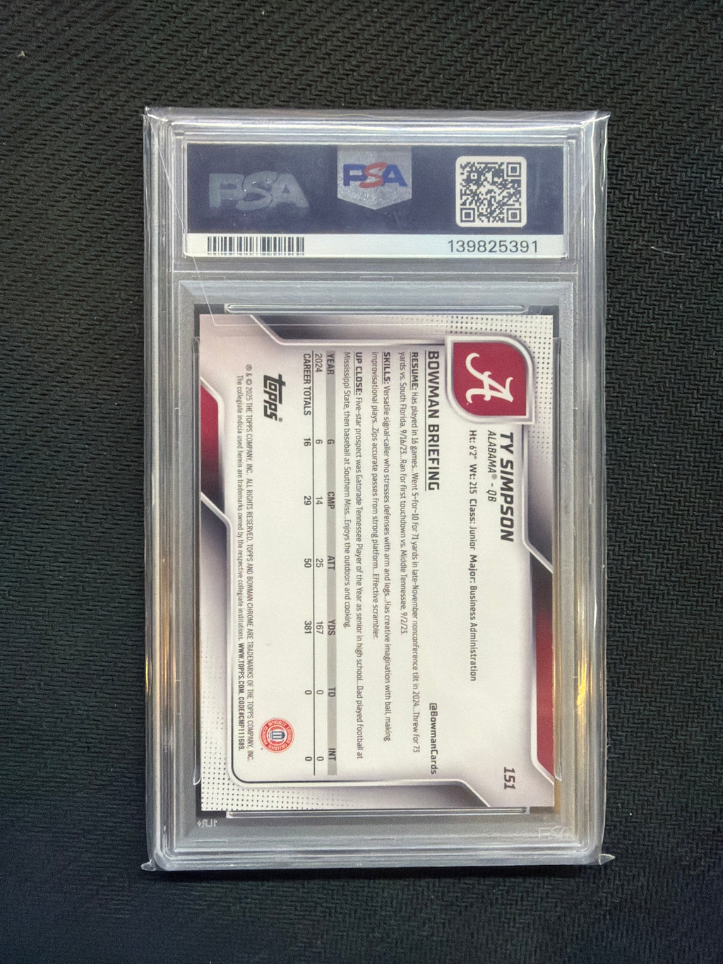 2025 Bowman U Chrome Ty Simpson Lime Green Refractor /275 PSA 9 Alabama