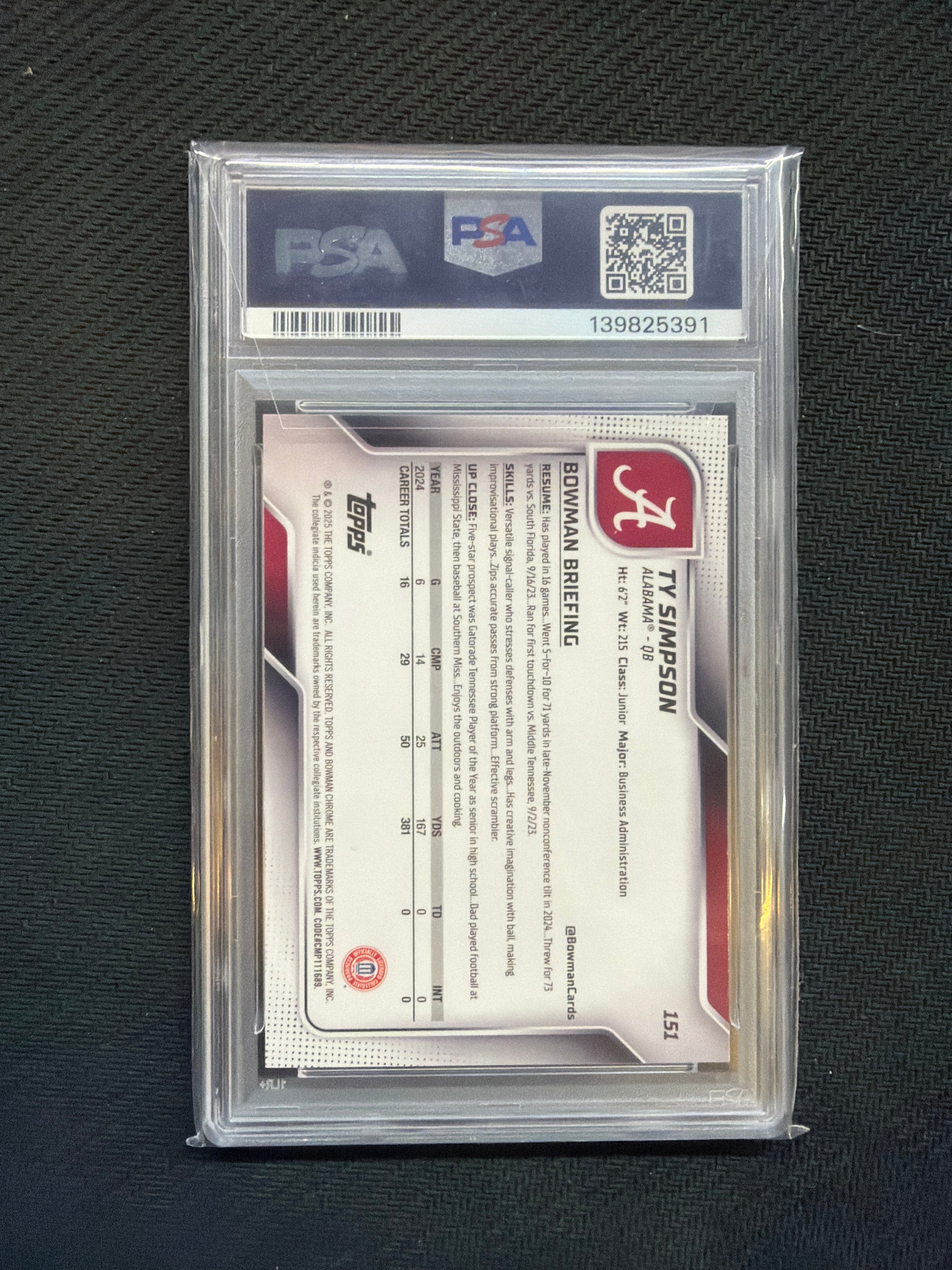 2025 Bowman U Chrome Ty Simpson Lime Green Refractor /275 PSA 9 Alabama