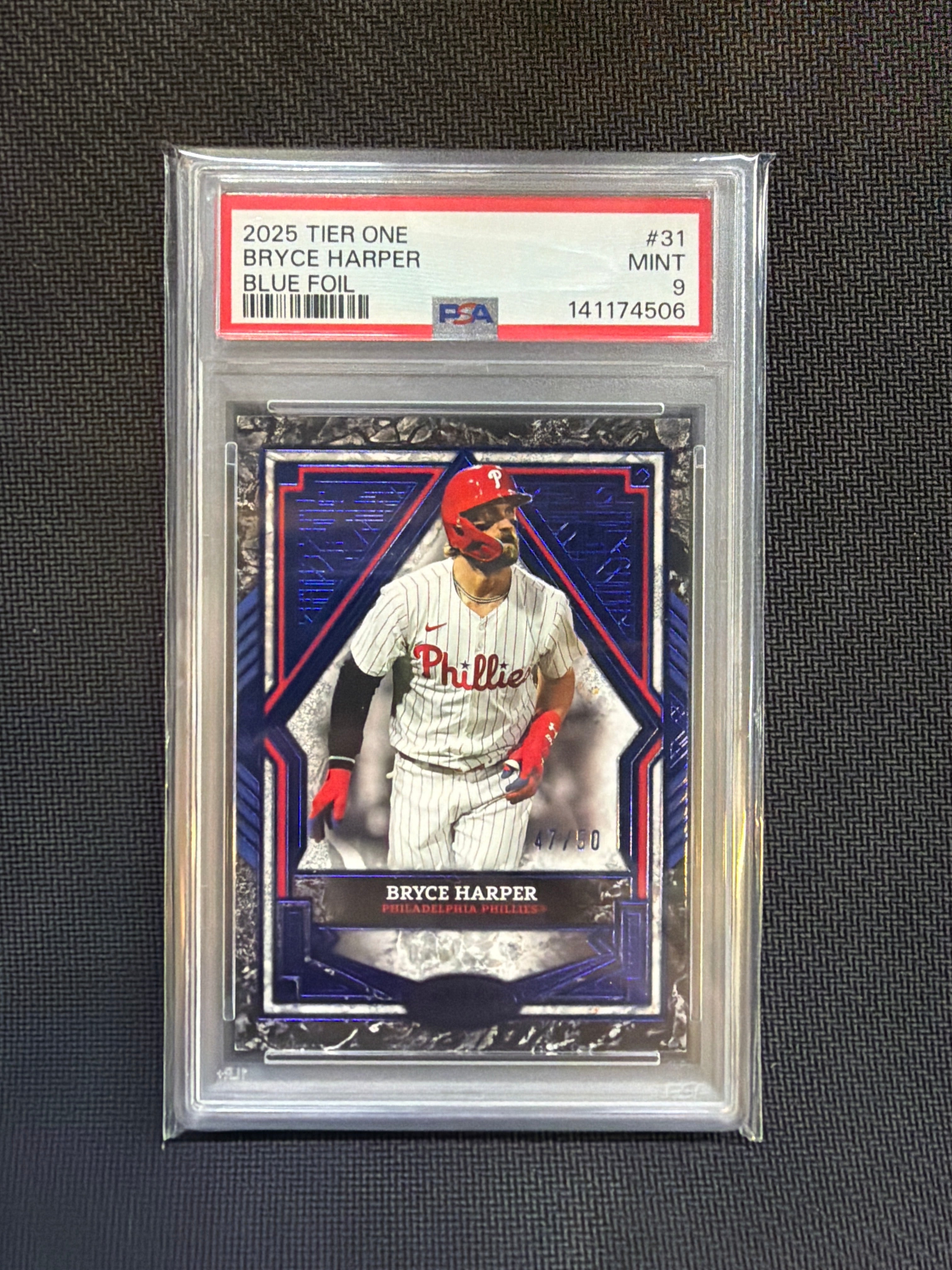 2025 Topps Tier One Bryce Harper Blue Foil /50 PSA 9 Phillies