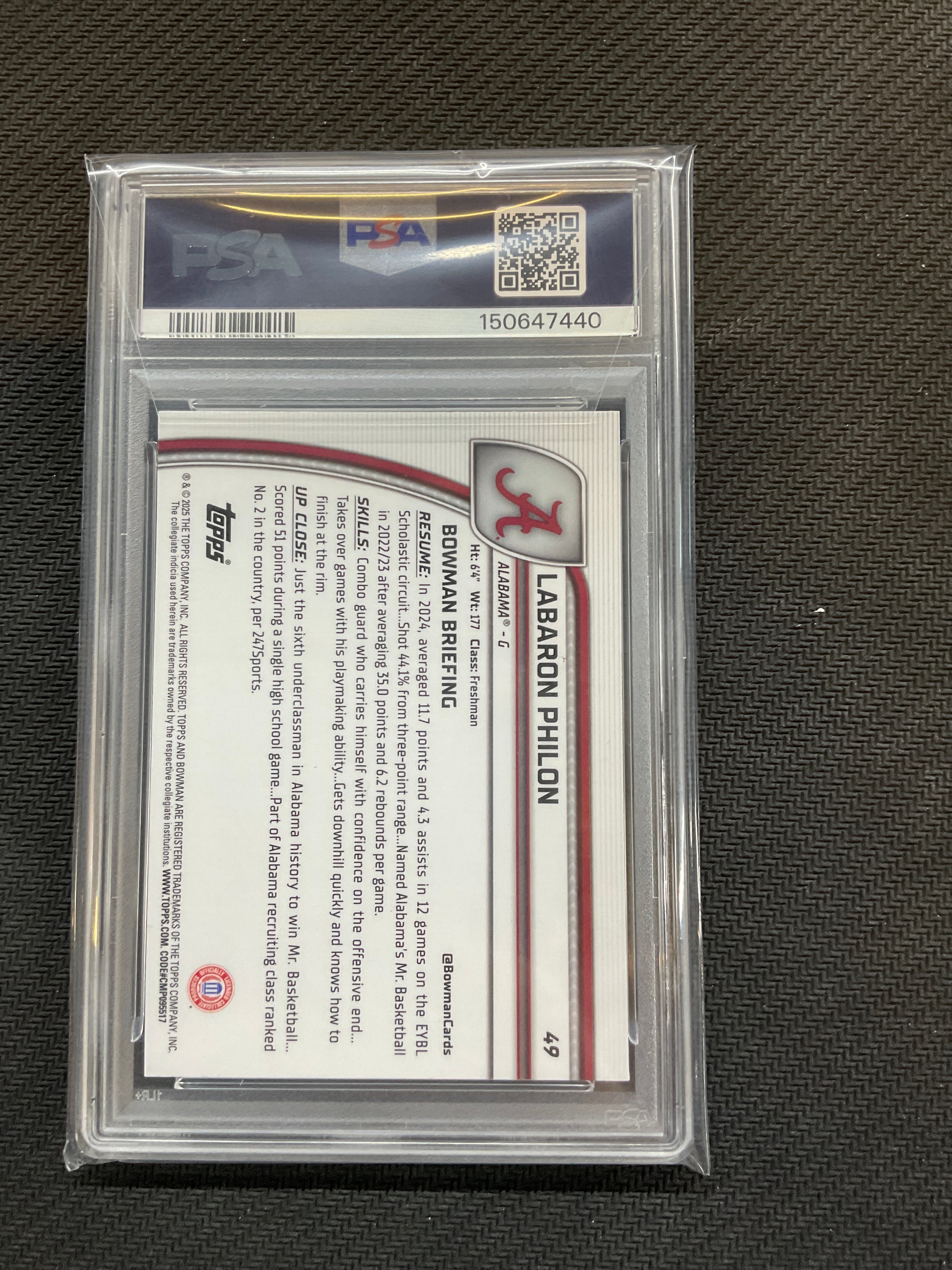 2024 Bowman U Labaron Philon Black Wave Rookie PSA 10 Alabama