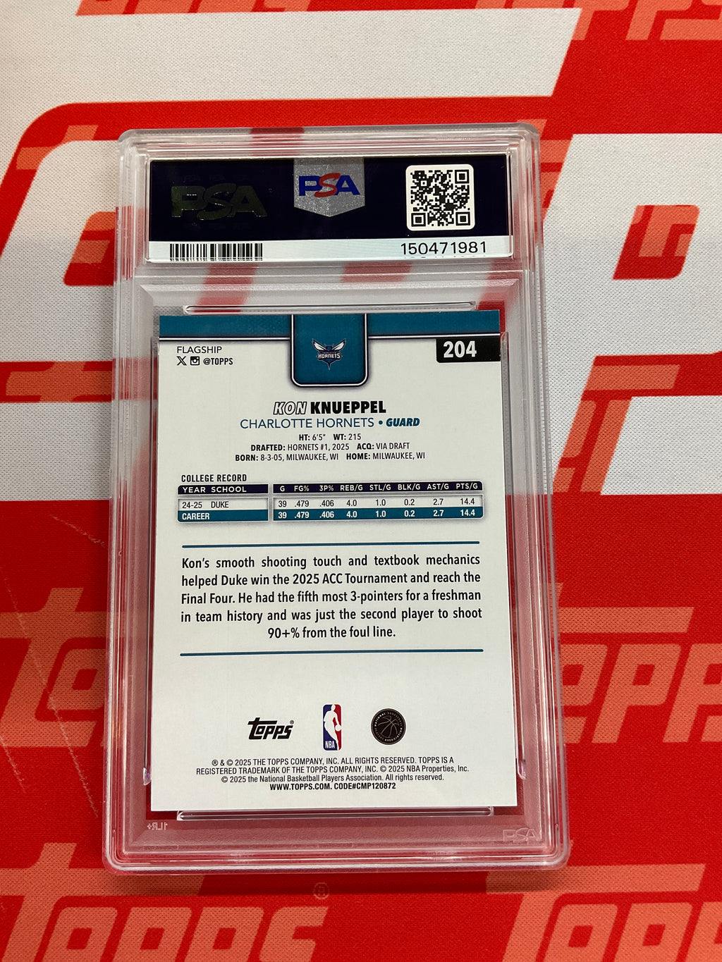 2025-26 Topps Kon Knueppel Rookie #204 PSA 8 Hornets 981