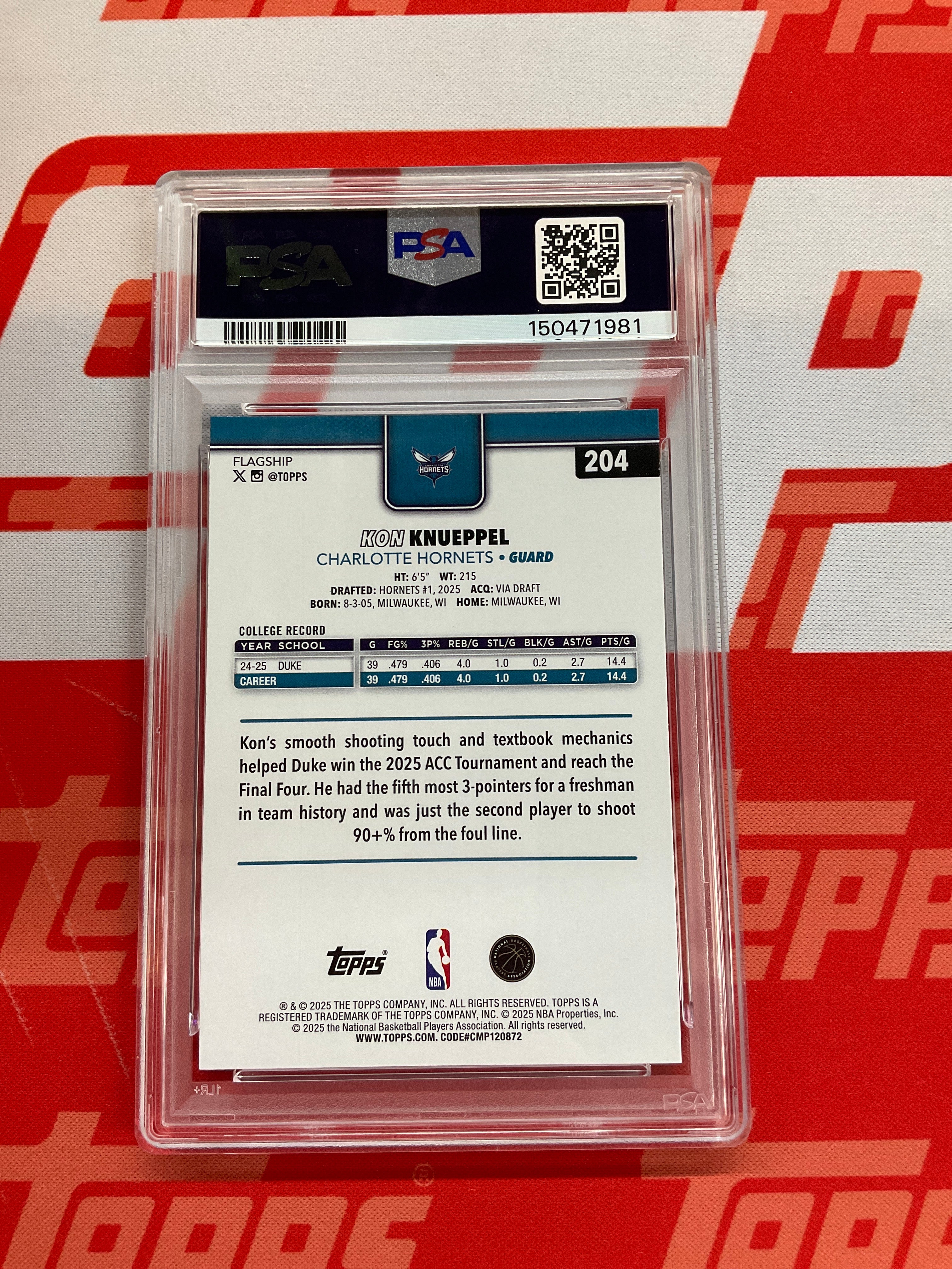 2025-26 Topps Kon Knueppel Rookie #204 PSA 8 Hornets 981