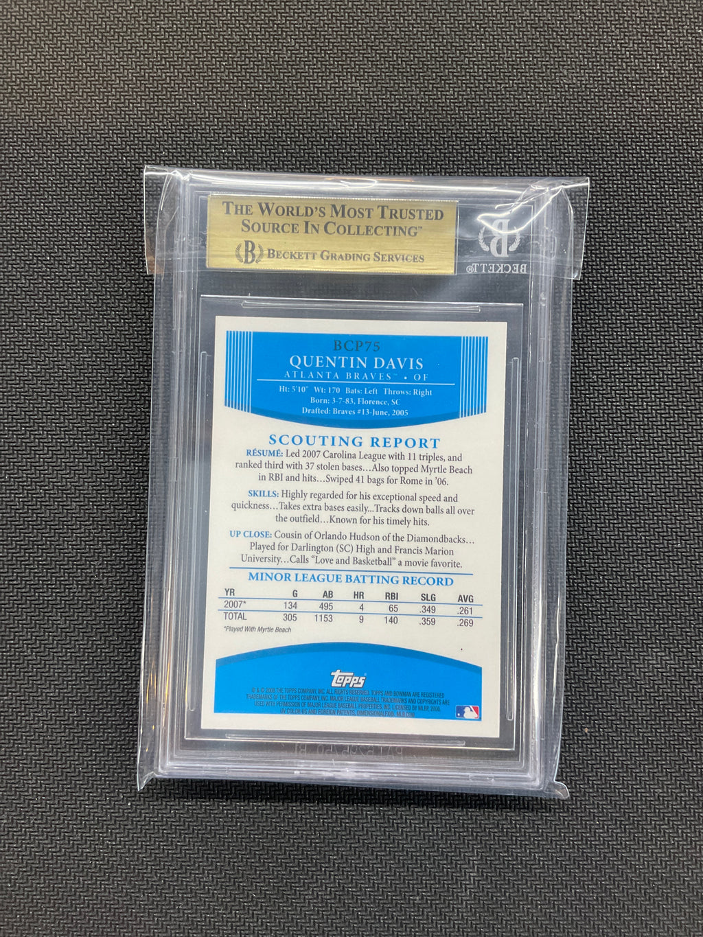 2008 Bowman Prospects Chrome Quentin Davis BGS 9.5 Braves