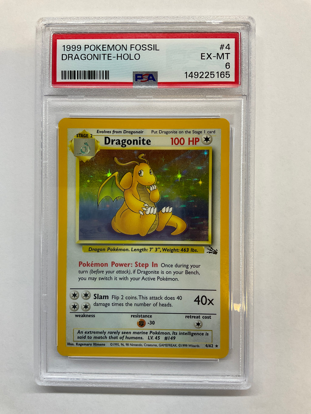 1999 Pokemon Dragonite 4 Holo Fossil PSA 6