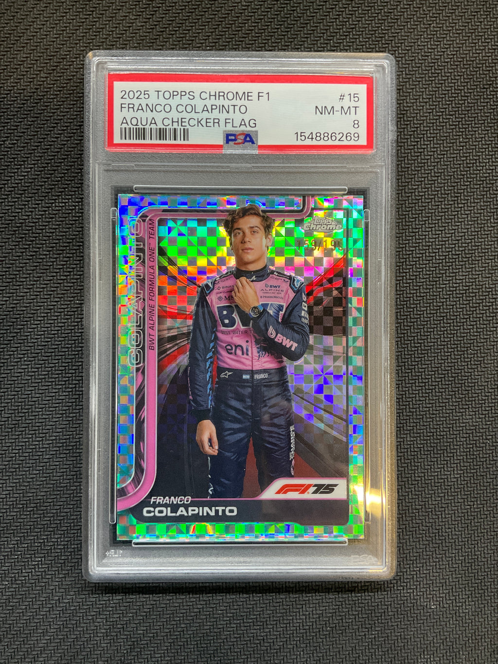 2025 Topps Chrome F1 Franco Colapinto Aqua Checker Flag /199 PSA 8