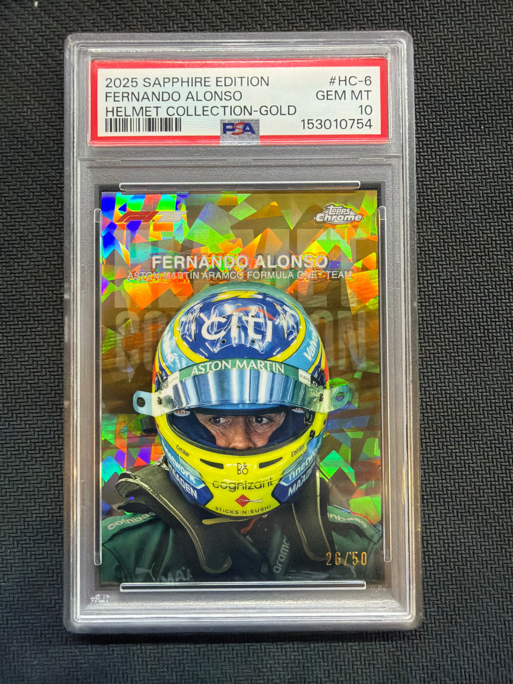 2025 Topps Chrome F1 Sapphire Fernando Alonso Helmet Gold /50 PSA 10 754