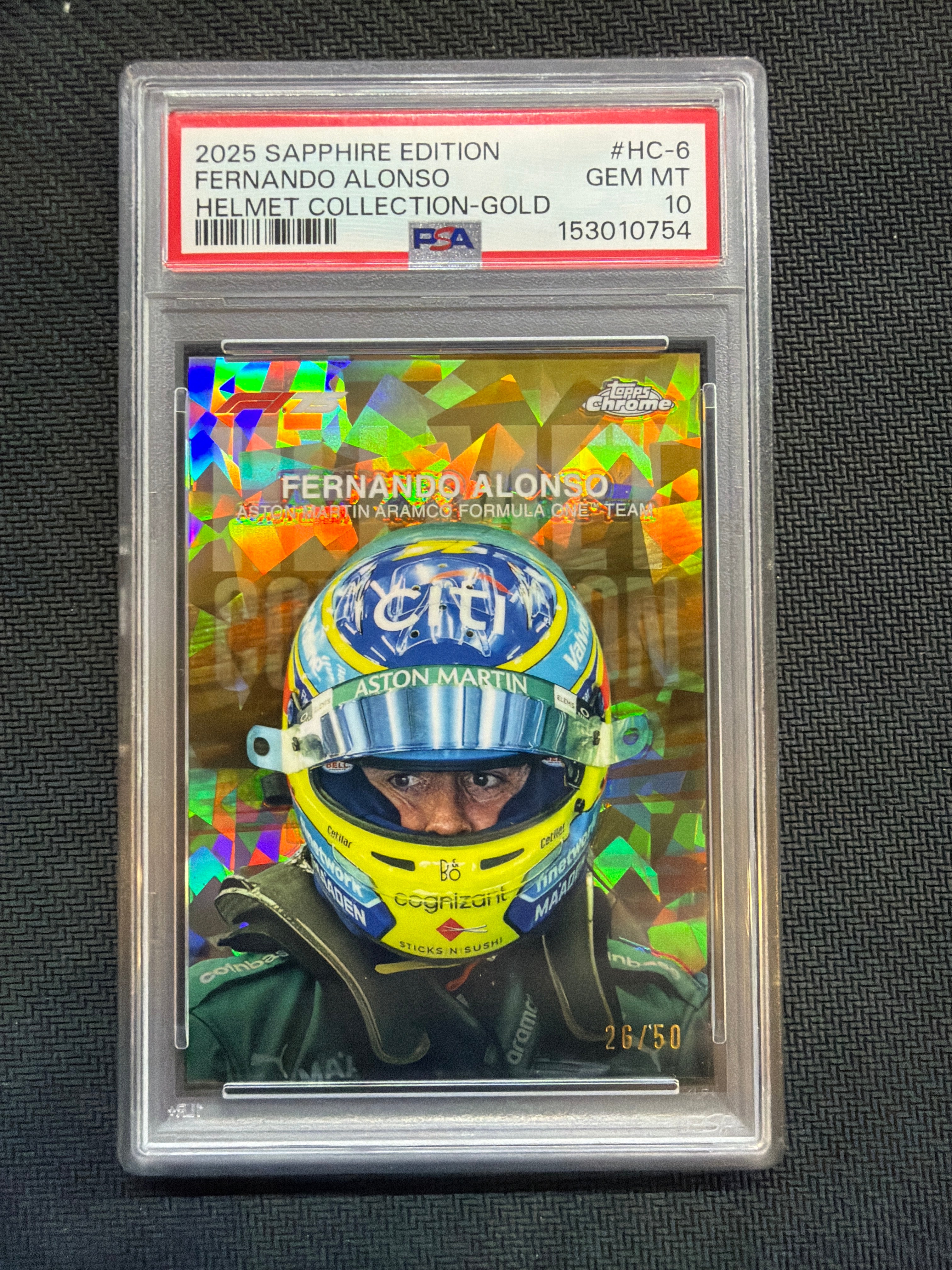 2025 Topps Chrome F1 Sapphire Fernando Alonso Helmet Gold /50 PSA 10 754