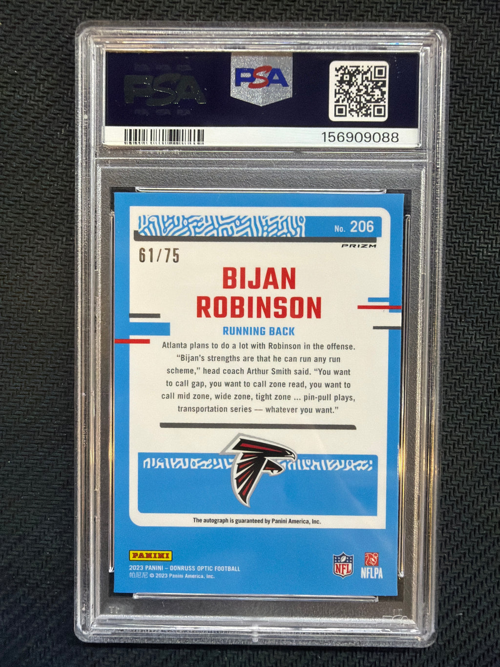 2023 Donruss Optic Bijan Robinson Autograph Holo /75 #206 PSA 9 Falcons