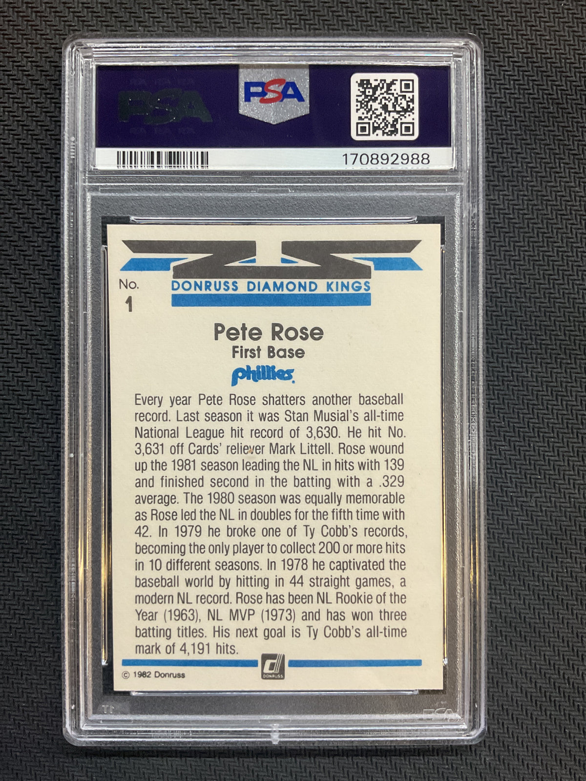 1982 Donruss Diamond Kings # 1 Pete Rose PSA 7