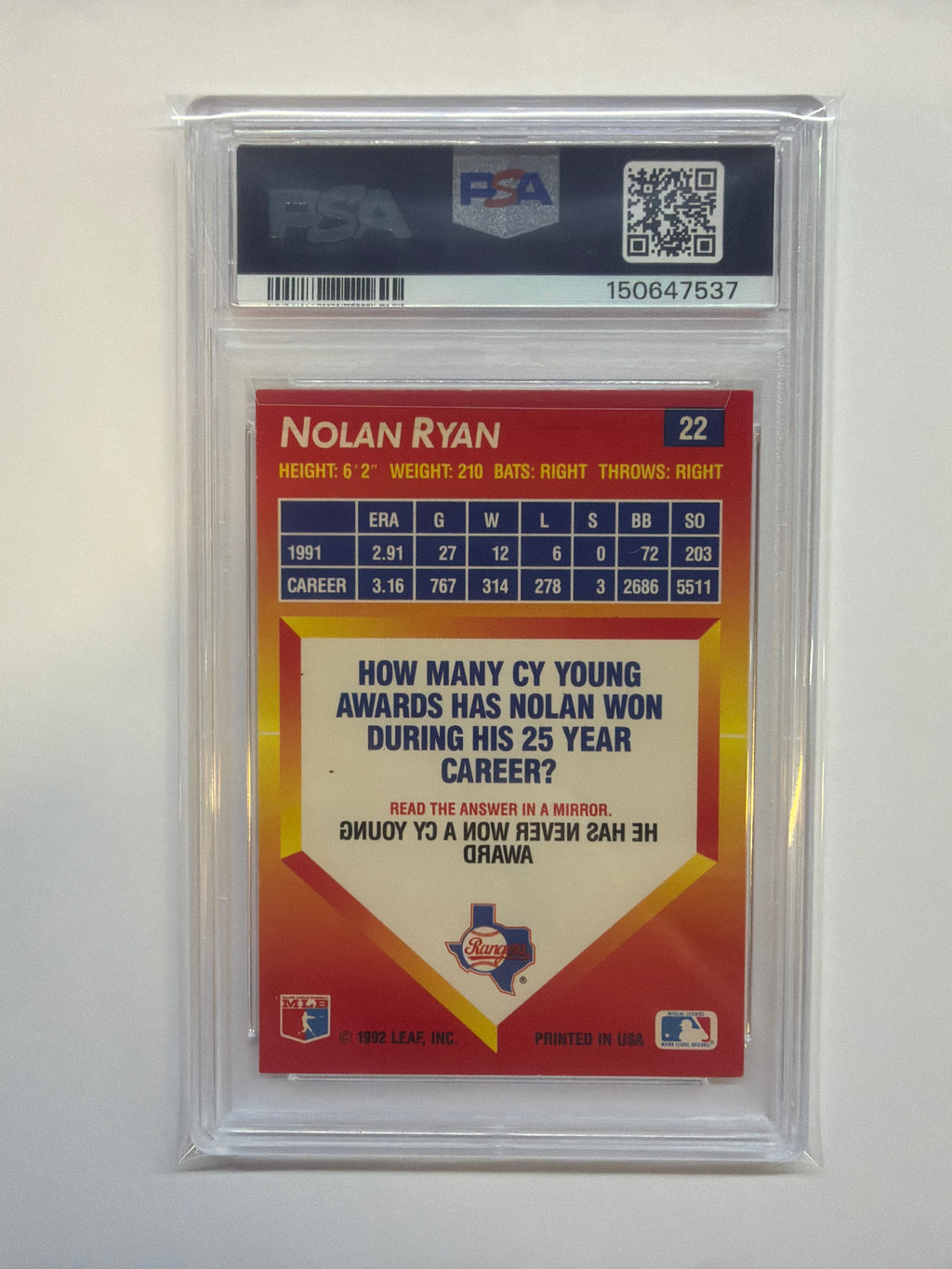 1992 Triple Play Nolan Ryan PSA 6 Rangers