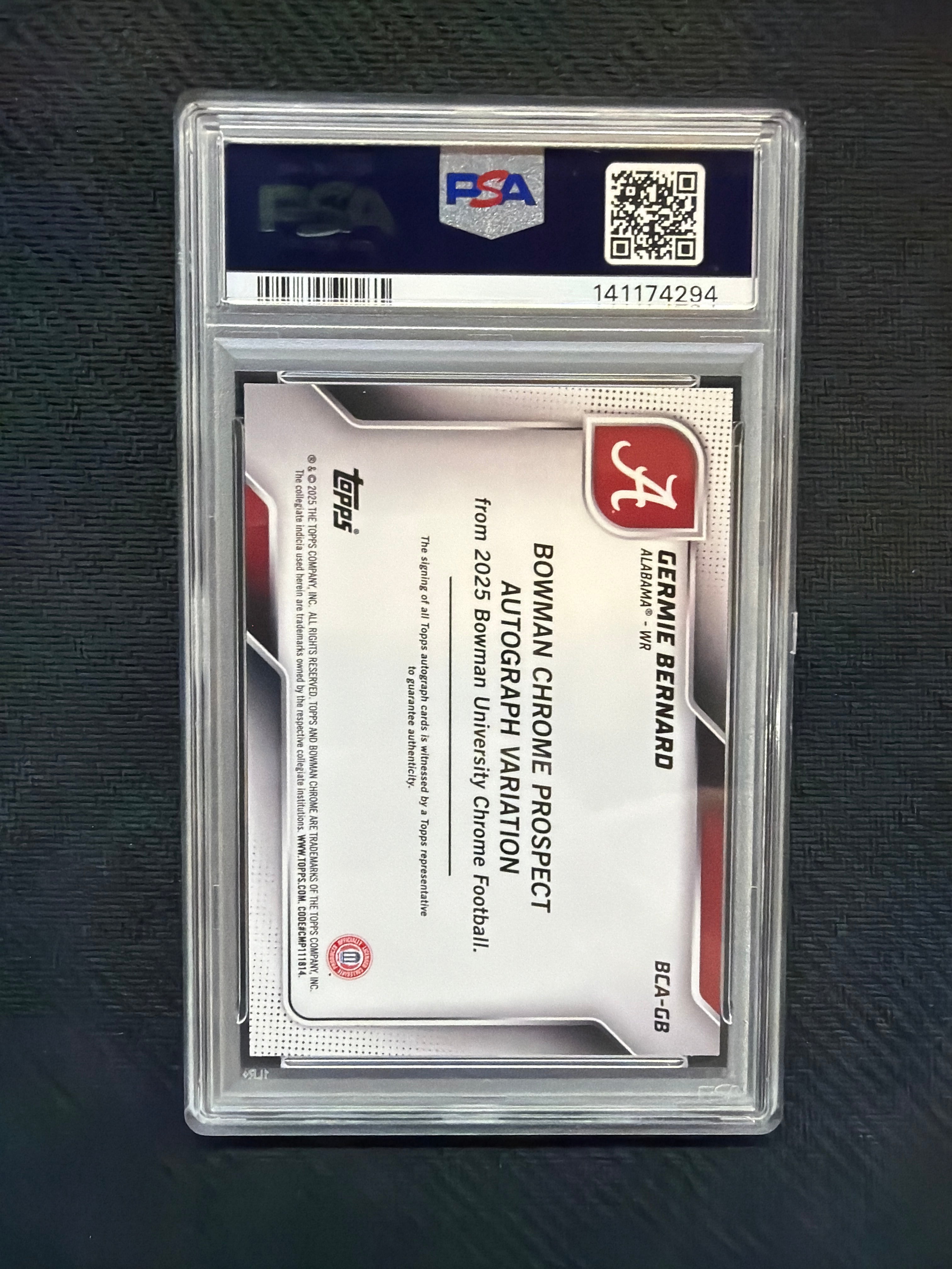 2025 Bowman U Germie Bernard Auto PSA 10 Alabama 294