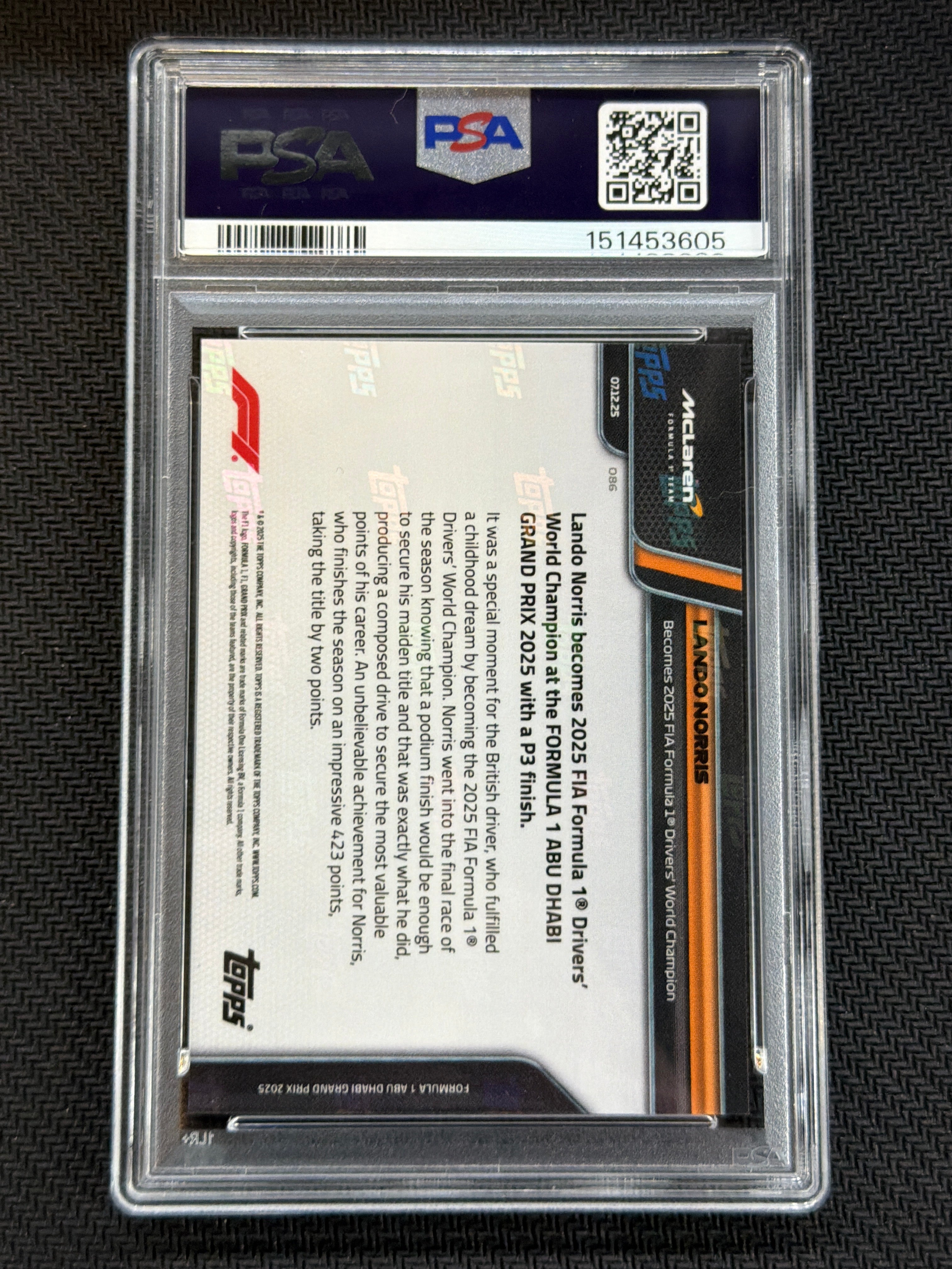 2025 Topps Now F1 Formula 1 Lando Norris #86 PSA 10 World Champion 605
