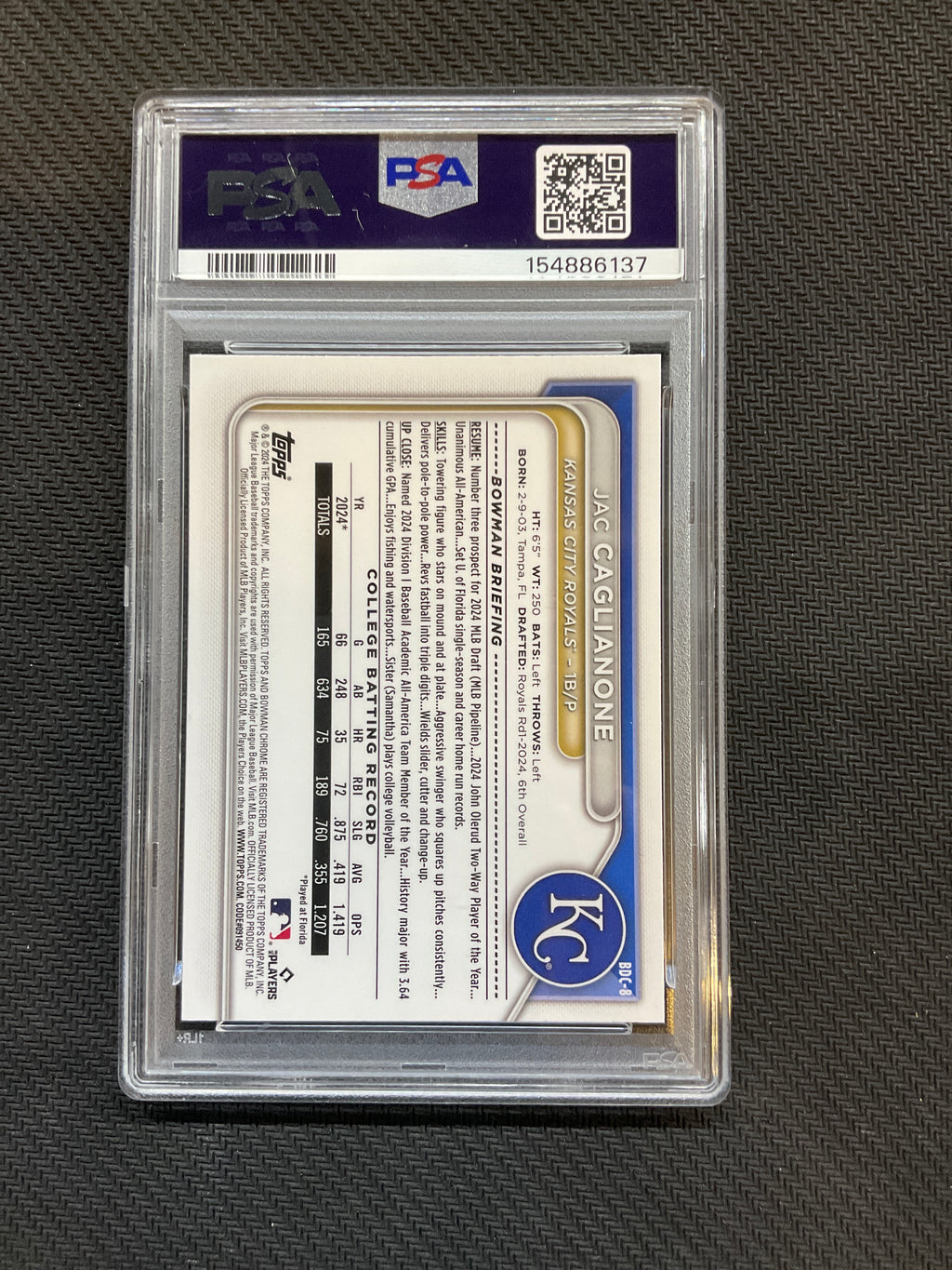 2024 Bowman Draft Jac Caglianone Chrome PSA 9