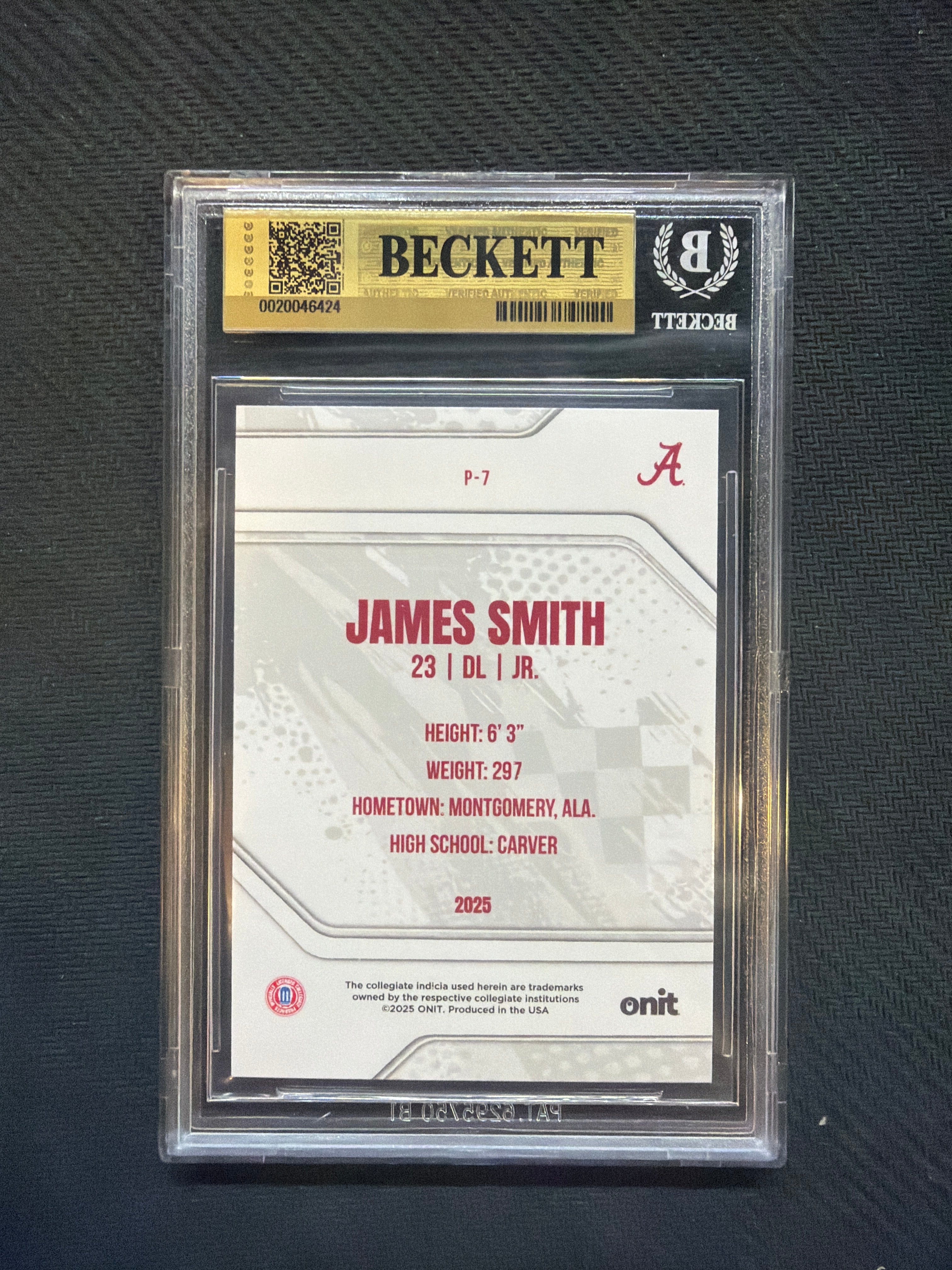 2025 Onit Alabama James Smith Purple /199 BGS 9.5 Alabama