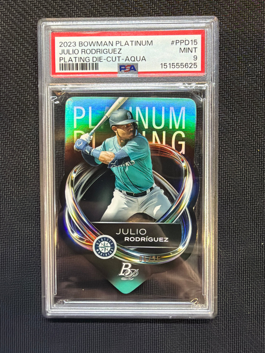 2023 Bowman Platinum Julio Rodriguez Die-Cut Aqua /25 PSA 9