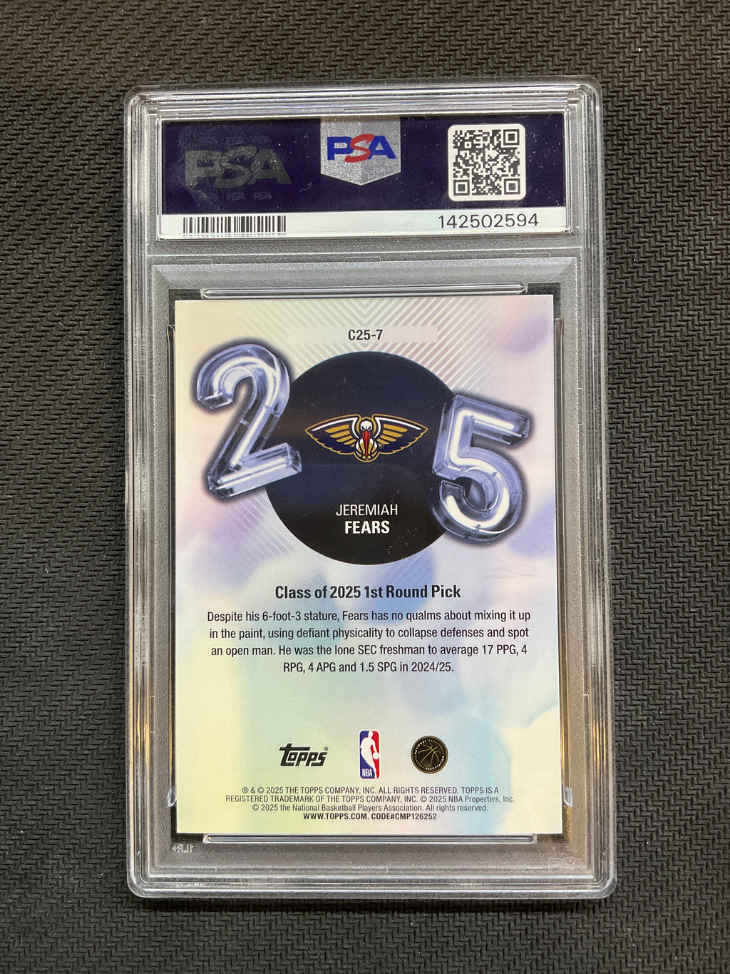 2025 Topps Jeremiah Fears Class of 25" Rookie PSA 10 Pelicans