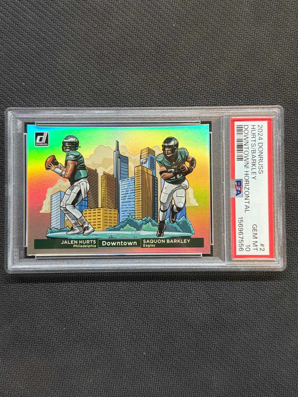 2024 Donruss Jalen Hurts Saquon Barkley Downtown! Horizontal #2 PSA 10 Eagles