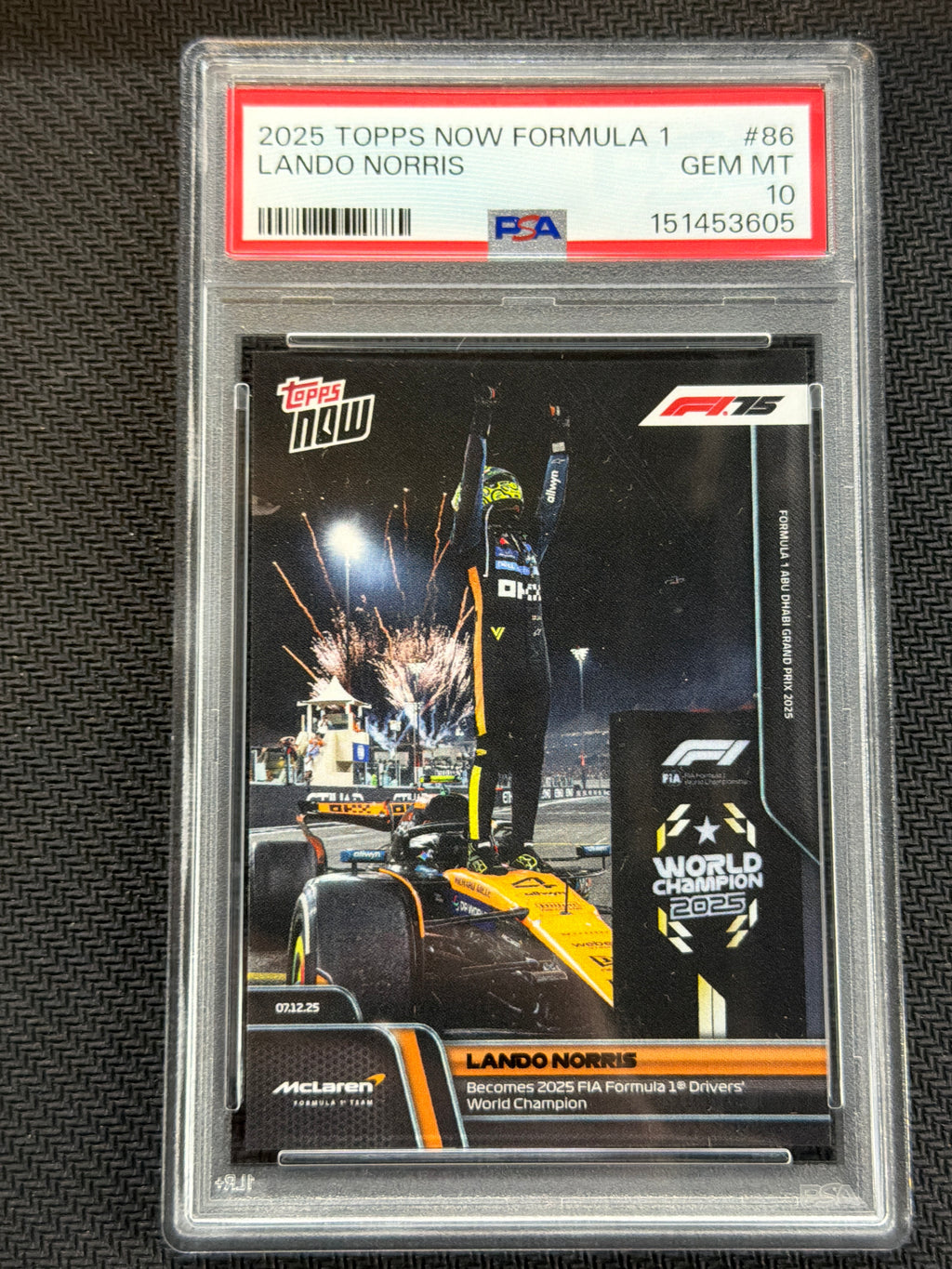2025 Topps Now F1 Formula 1 Lando Norris #86 PSA 10 World Champion 605