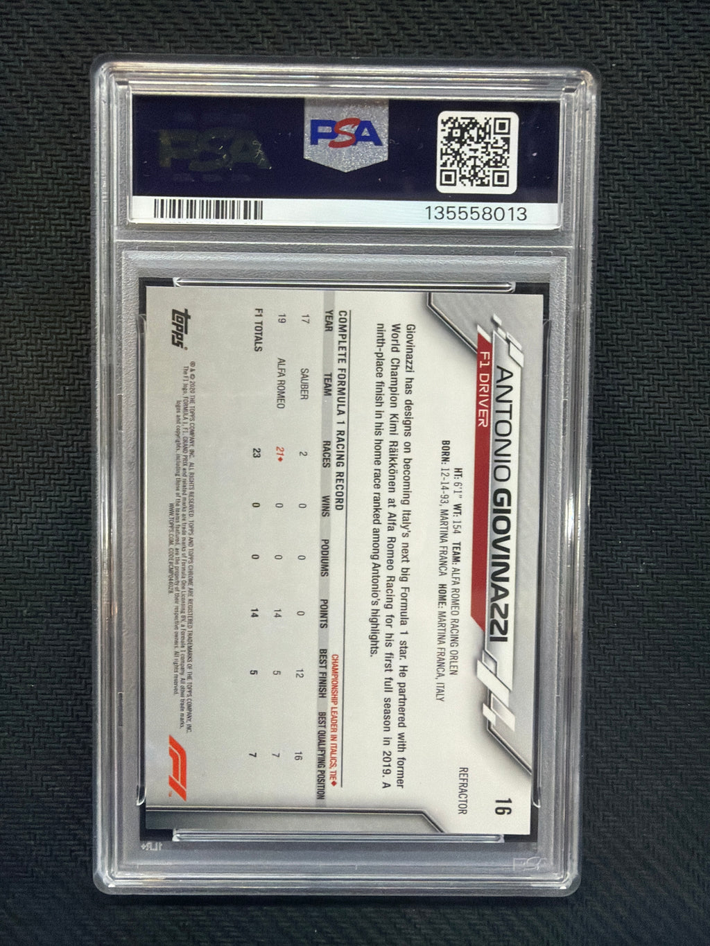 2020 topps Chrome F1 Antonio Giovinazzi Refractor #16 PSA 9