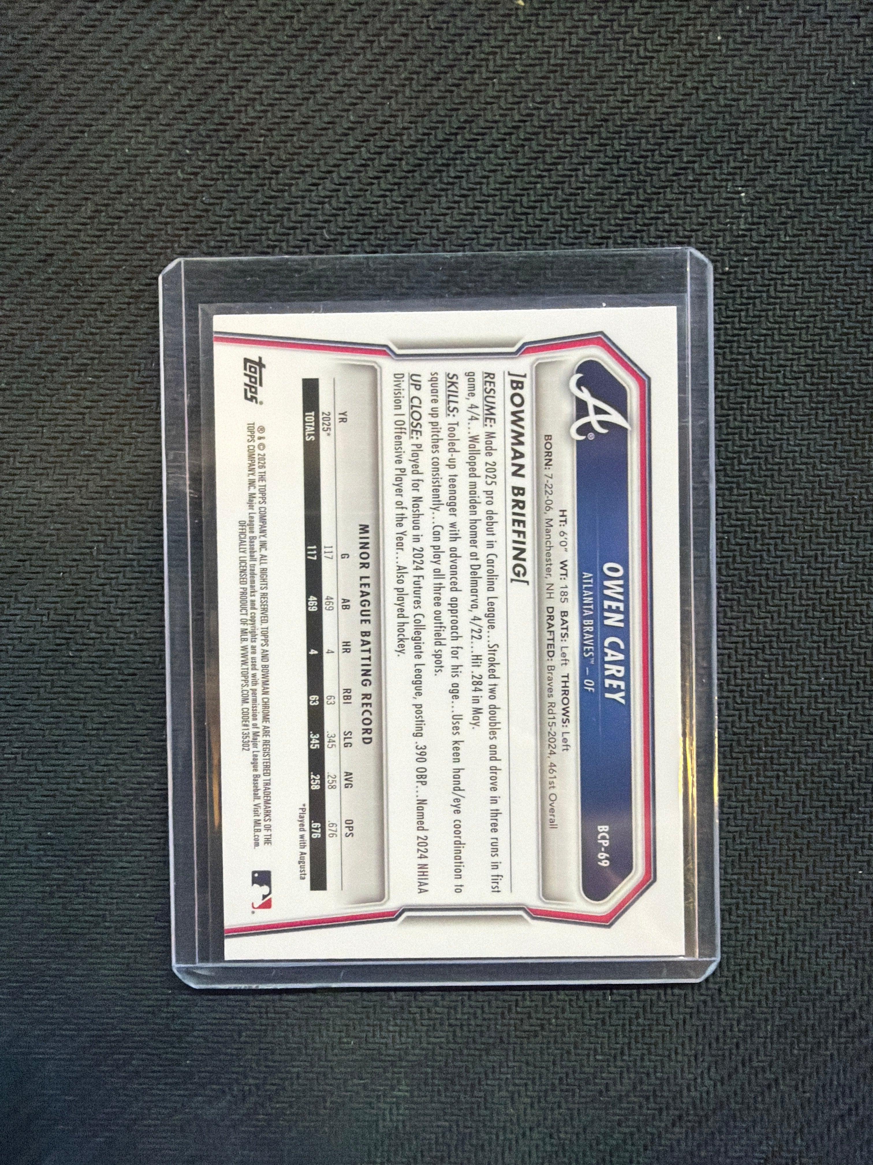2026 Bowman Chrome Owen Carey Purple /250 Braves