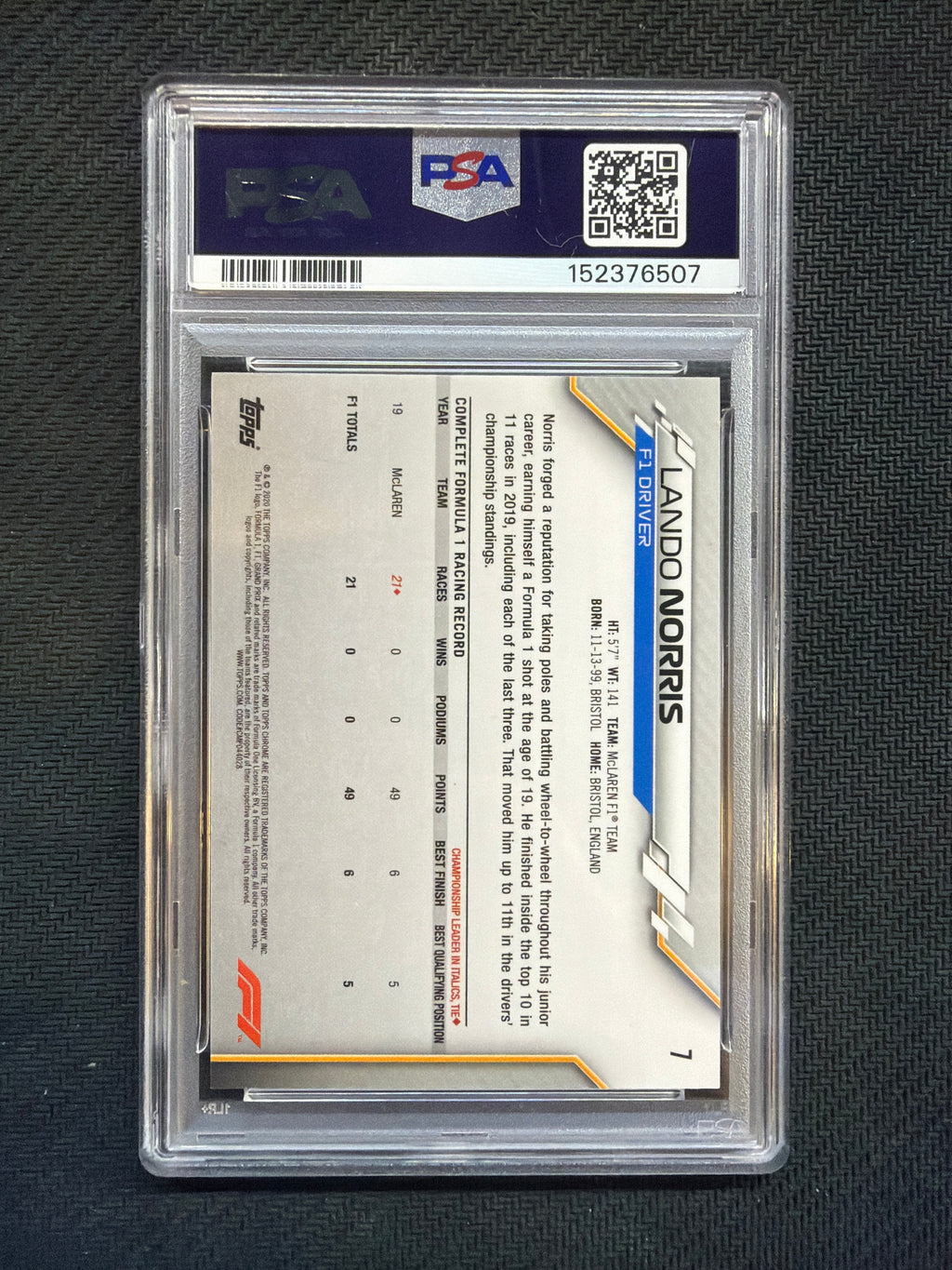 2020 Topps Chrome F1 Lando Norris #7 Rookie PSA 10 Mclaren 507