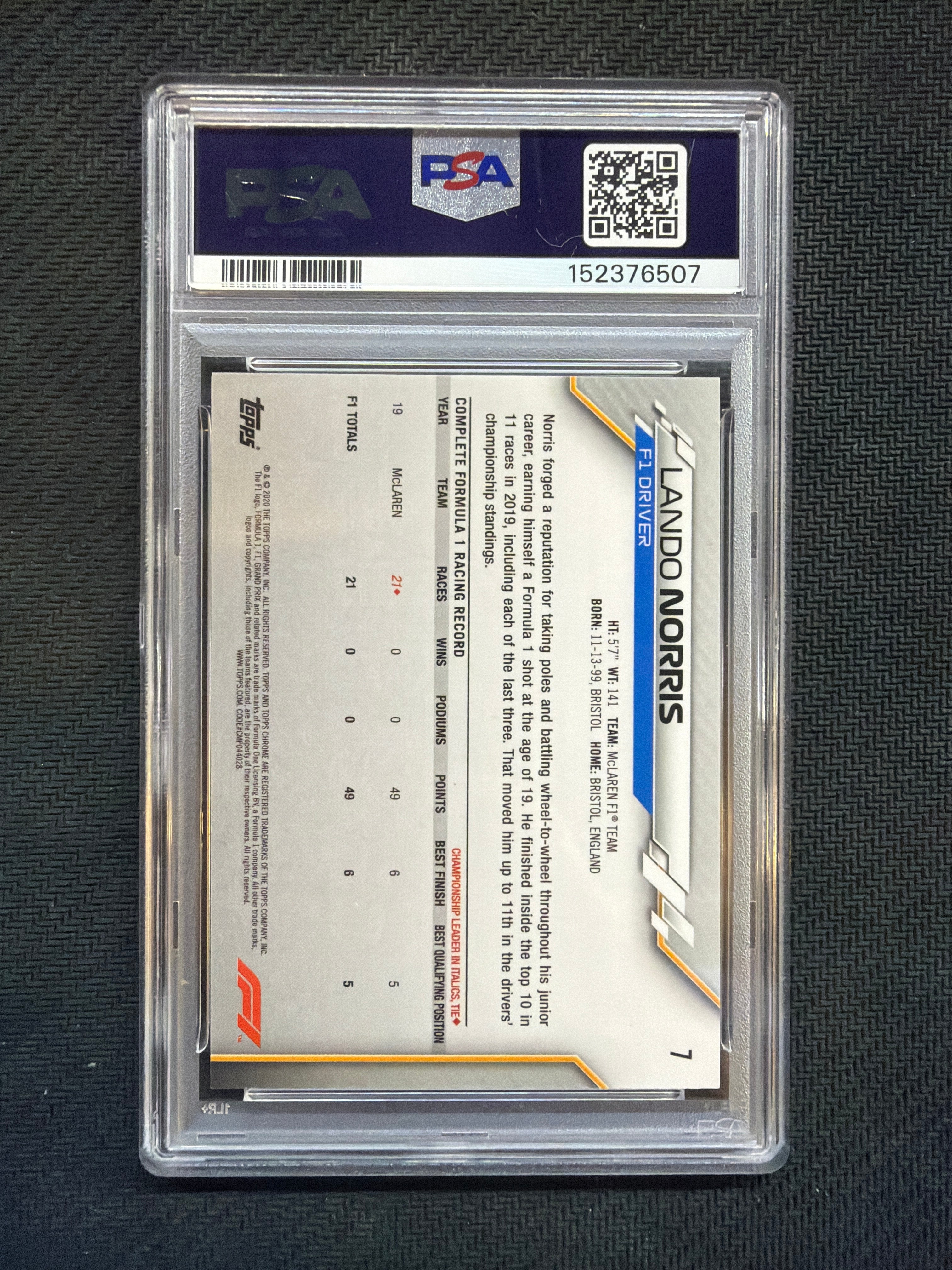 2020 Topps Chrome F1 Lando Norris #7 Rookie PSA 10 Mclaren 507