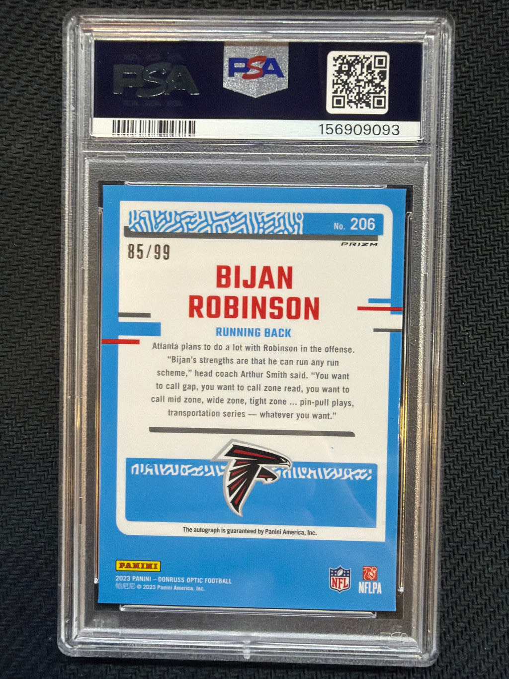 2023 Donruss Optic Bijan Robinson Autograph Blue /99 #206 PSA 10 Falcons