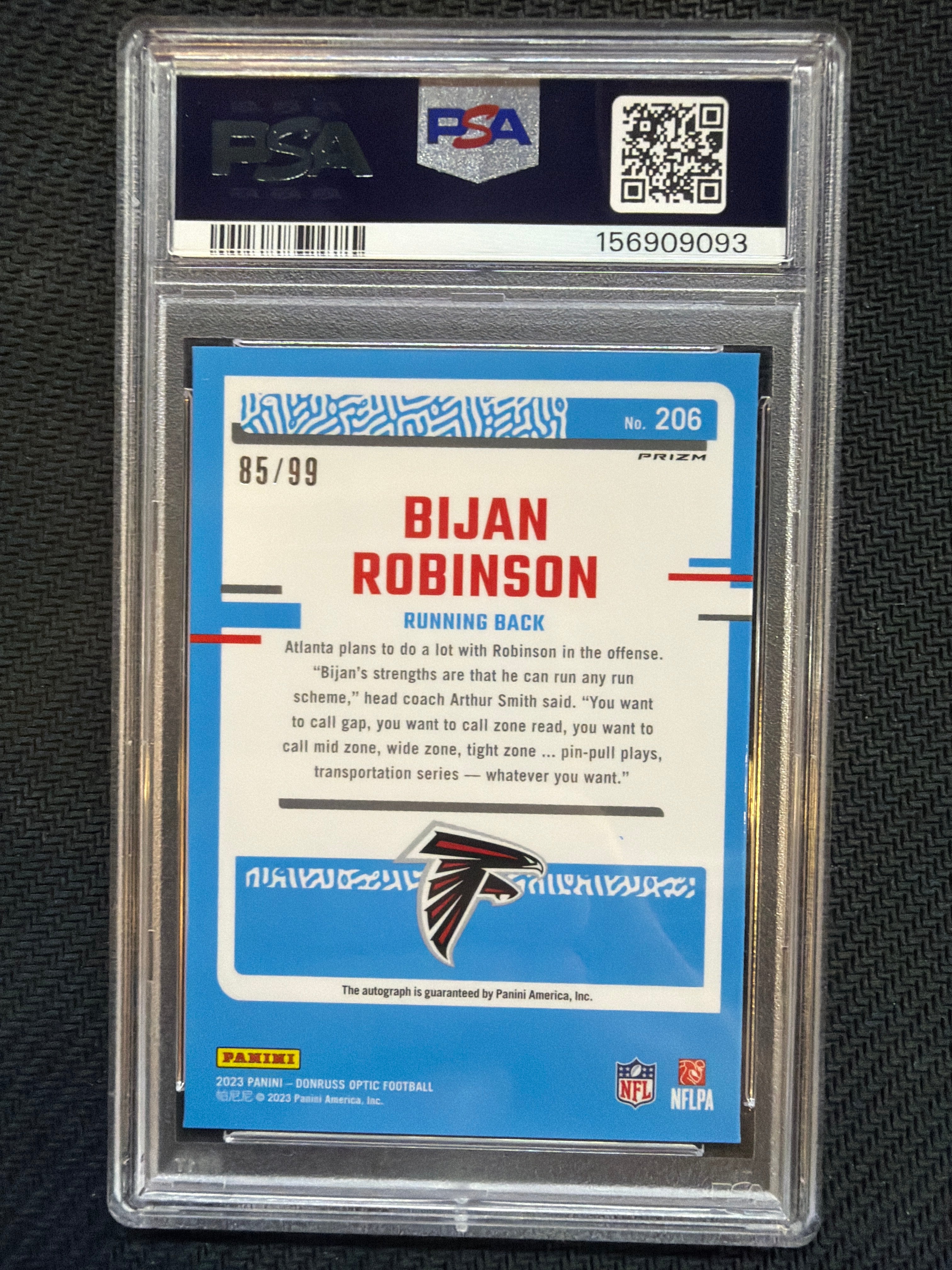 2023 Donruss Optic Bijan Robinson Autograph Blue /99 #206 PSA 10 Falcons