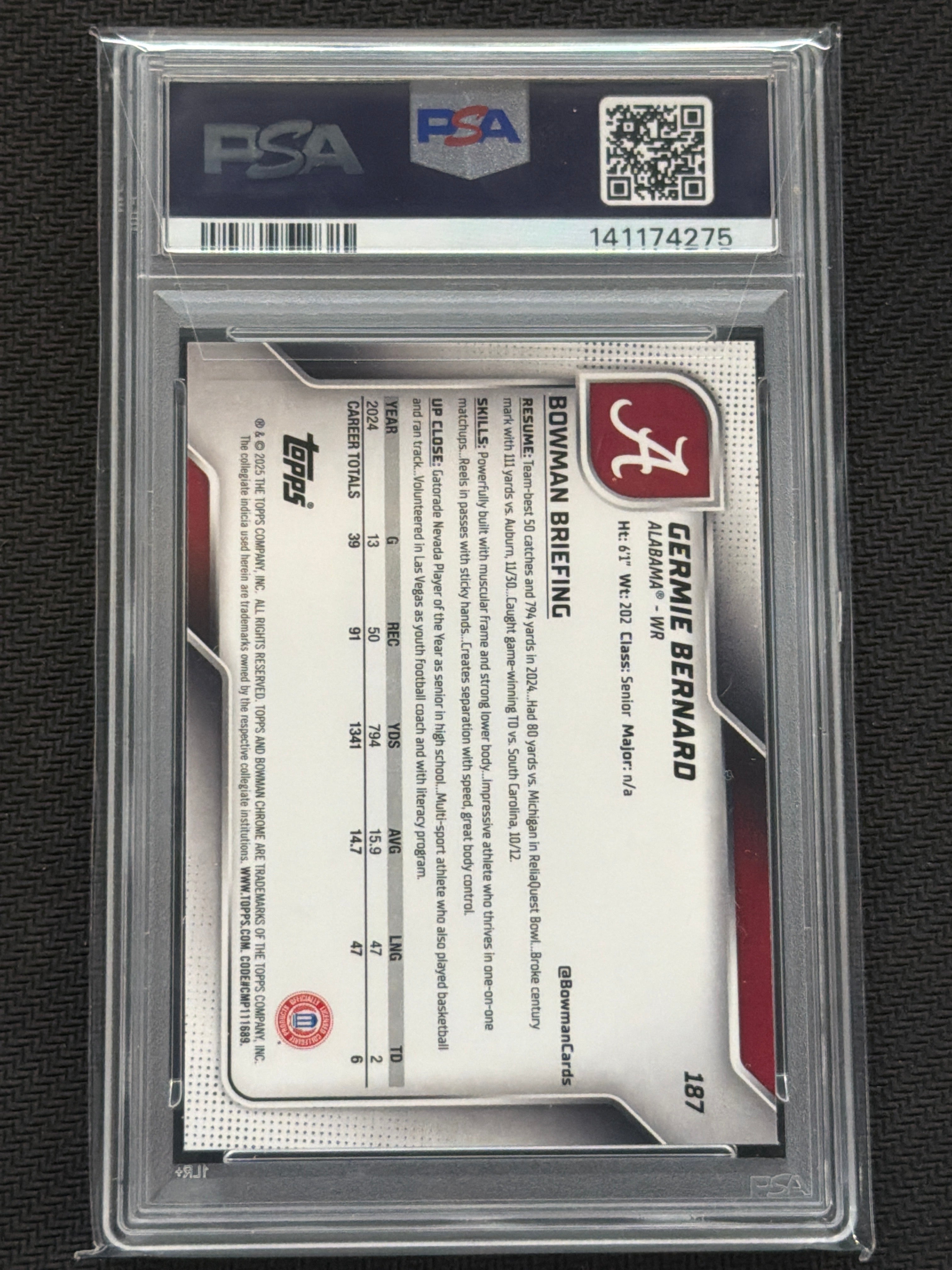 2025 Bowman U Chrome Germie Bernard Yellow Mini Diamond /350 PSA 10 275 Alabama