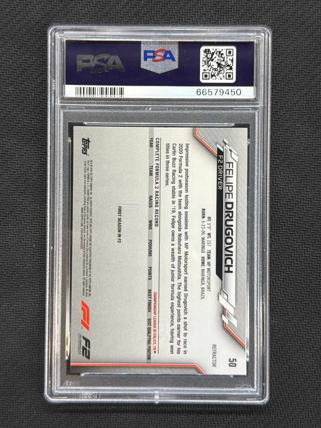 2020 Topps Chrome F1 Felipe Drugovich Refractor #50 PSA 9 450