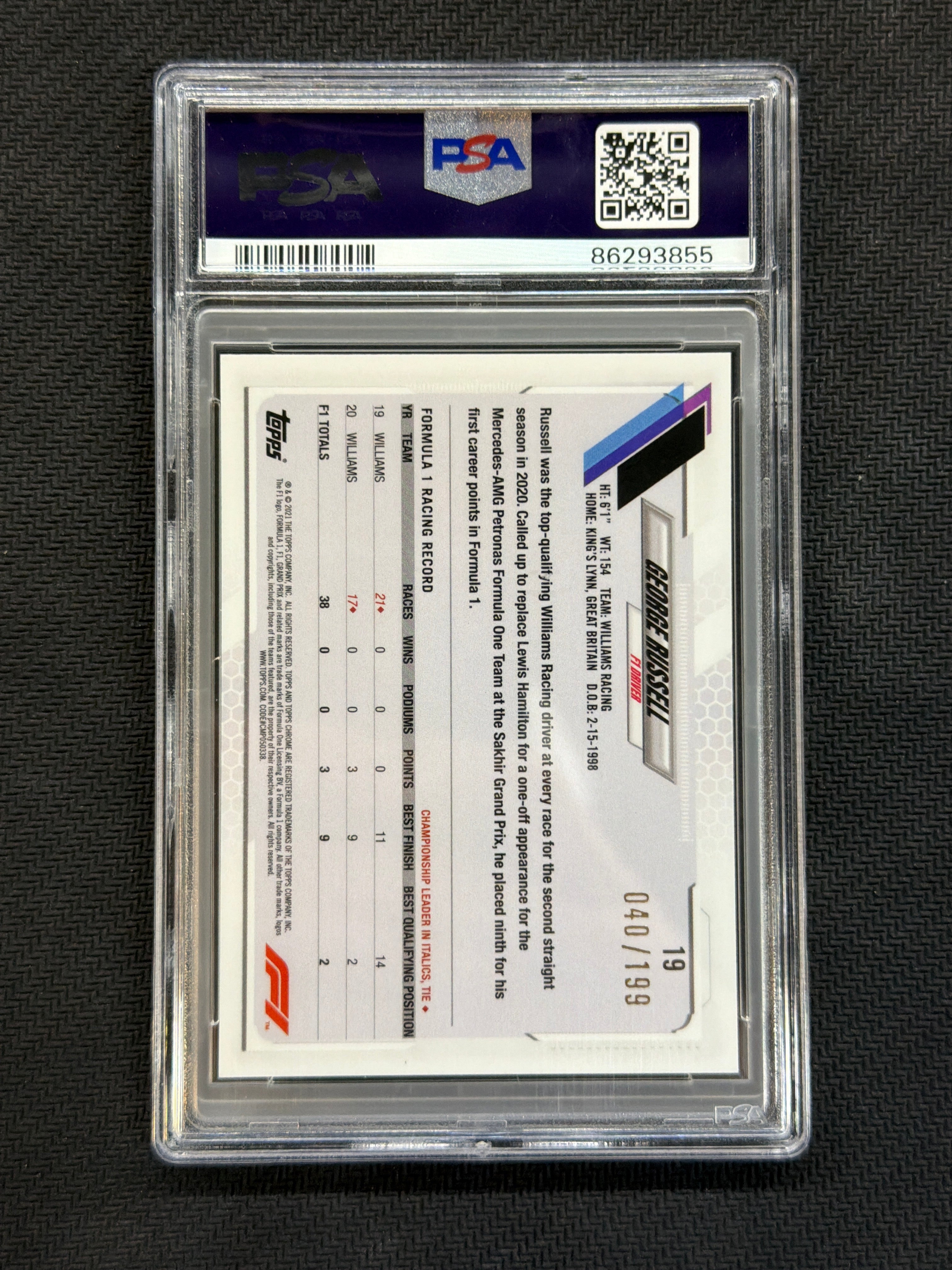 2021 Topps Chrome F1 Sapphire George Russell Chartreuse /199 PSA 10 855