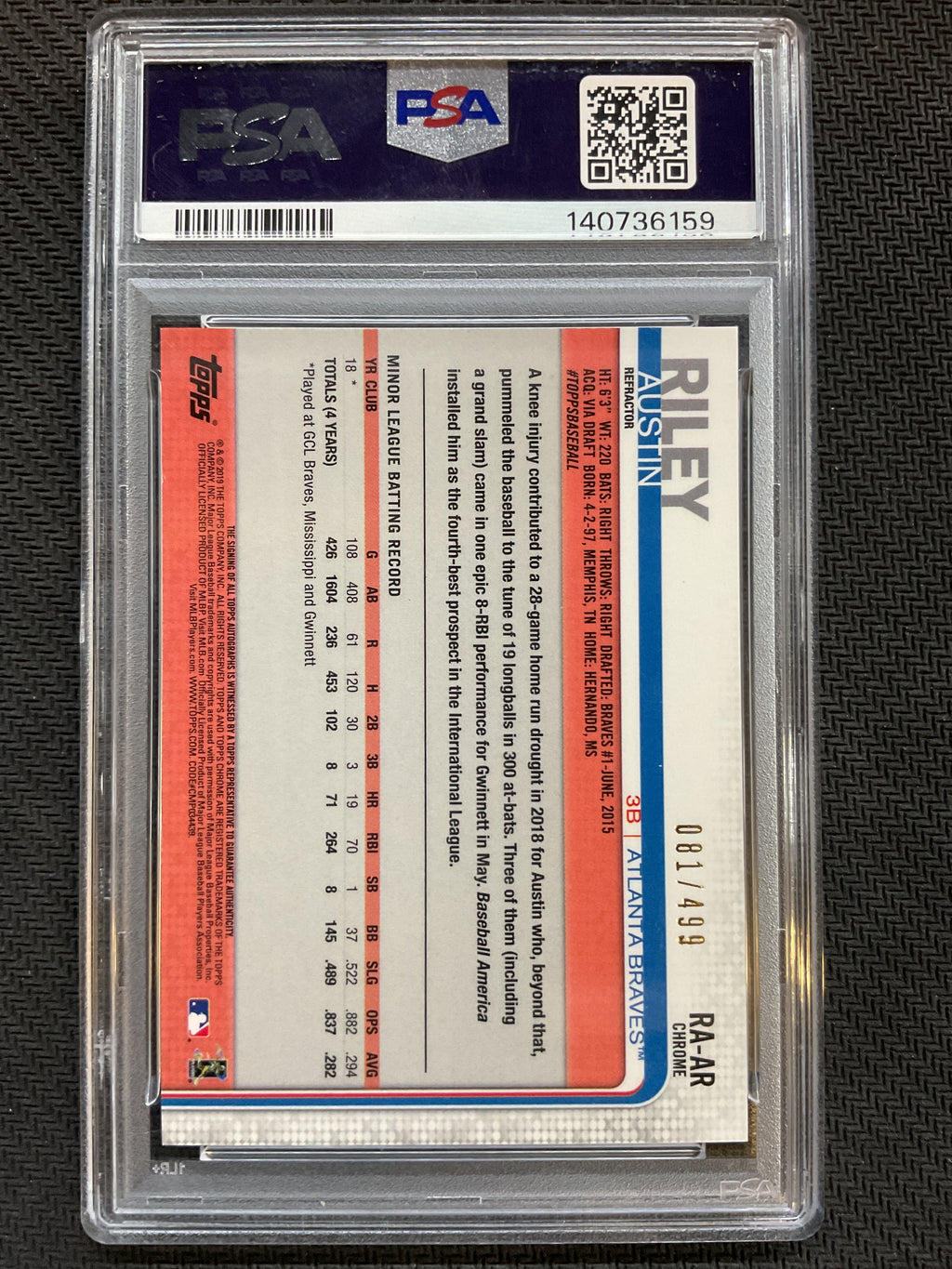 2019 Topps Chrome Austin Riley Rookie Refractor Auto /499 PSA 9 Braves