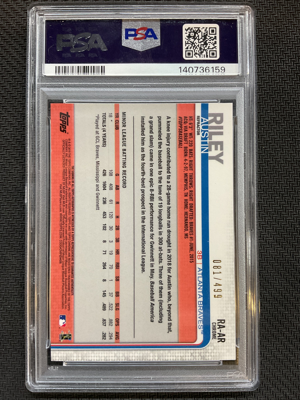 2019 Topps Chrome Austin Riley Rookie Refractor Auto /499 PSA 9 Braves