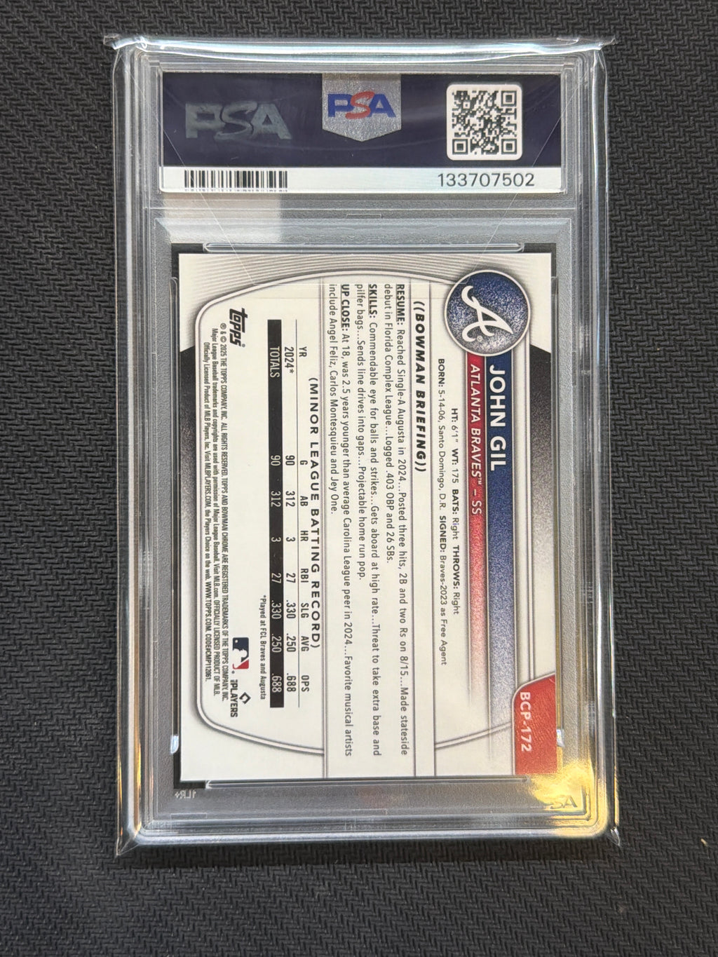 2025 Bowman Chrome John Gil Mini Diamond #172 PSA 10 Braves