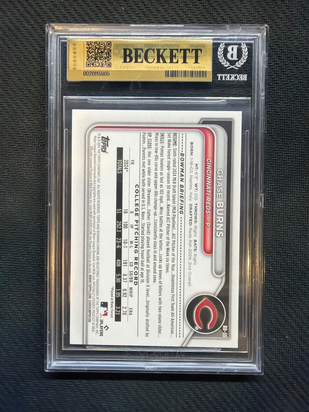 2024 Bowman Draft Chase Burns 1st Bowman BGS 10 Reds